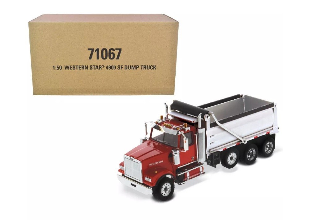 Western Star 4900 SF Dump Truck – Red cab – Matte silver body 1/50 Scale Diecast