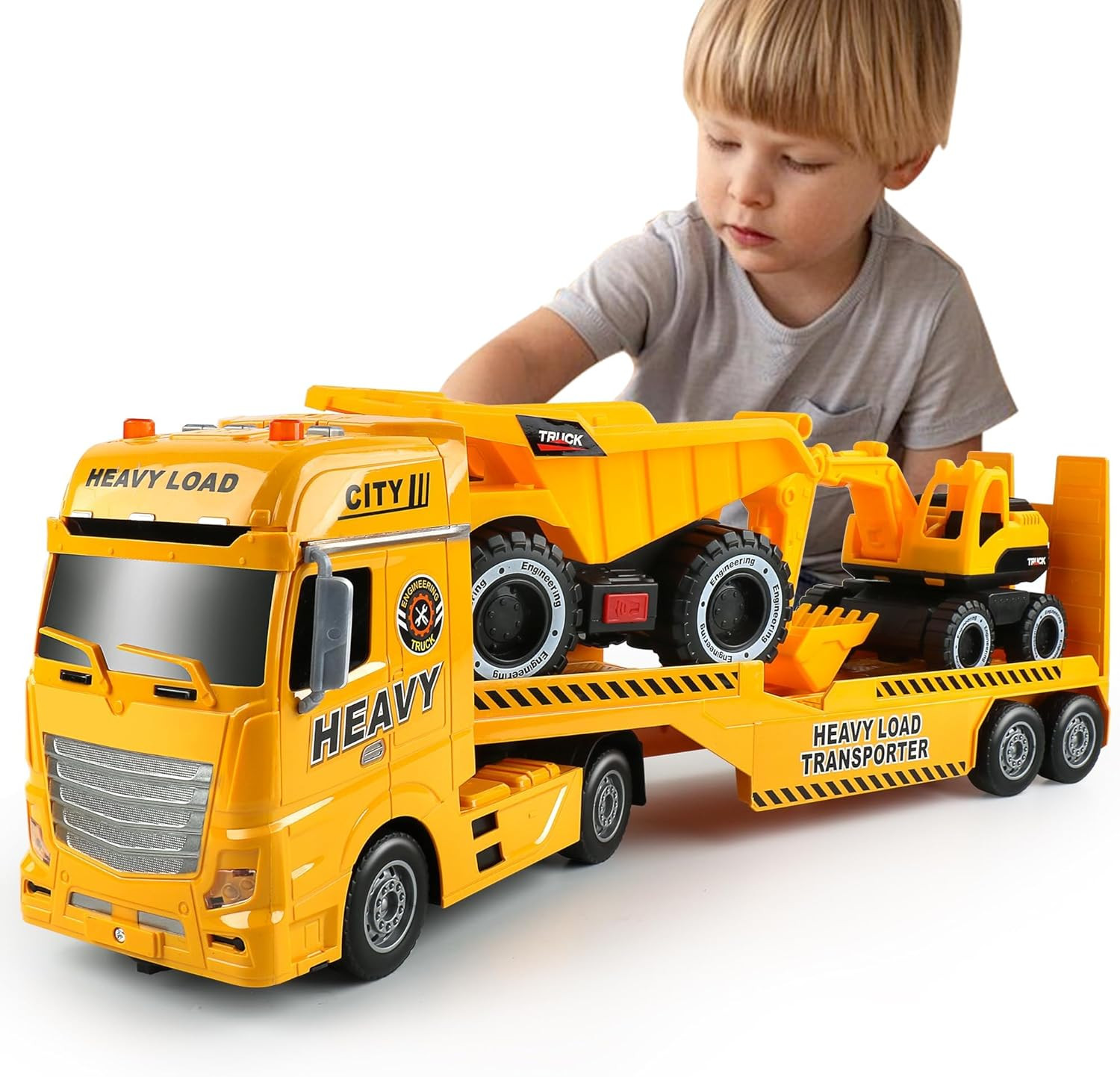 Construction Carrier Semi Truck Toy with Excavator and Dump Truck, Gifts for Age