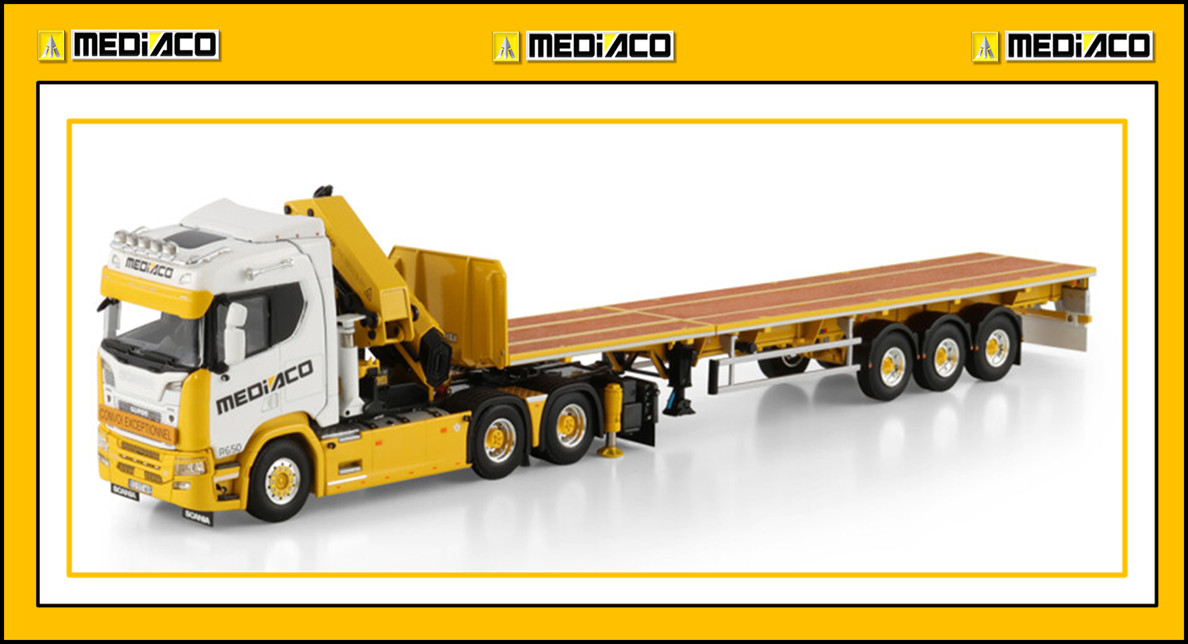 1/50 SCANIA w 3 AXLE FLATBED TRAILER w PALFINGER PK 65002 SH + JIB FREE SHIPPING