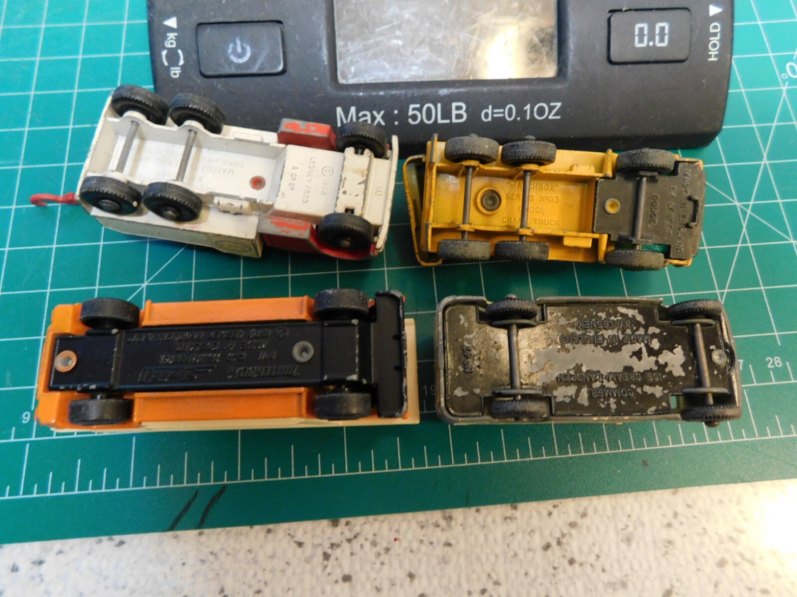 60’s Matchbox 4-Diecast Lot Tow Truck Car Transporter Ice Cream Truck & Crane