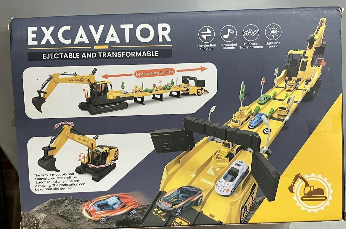 Toy Excavator Ejectable & Transformable +6 Cars + Tracks Lights & Sounds NIB