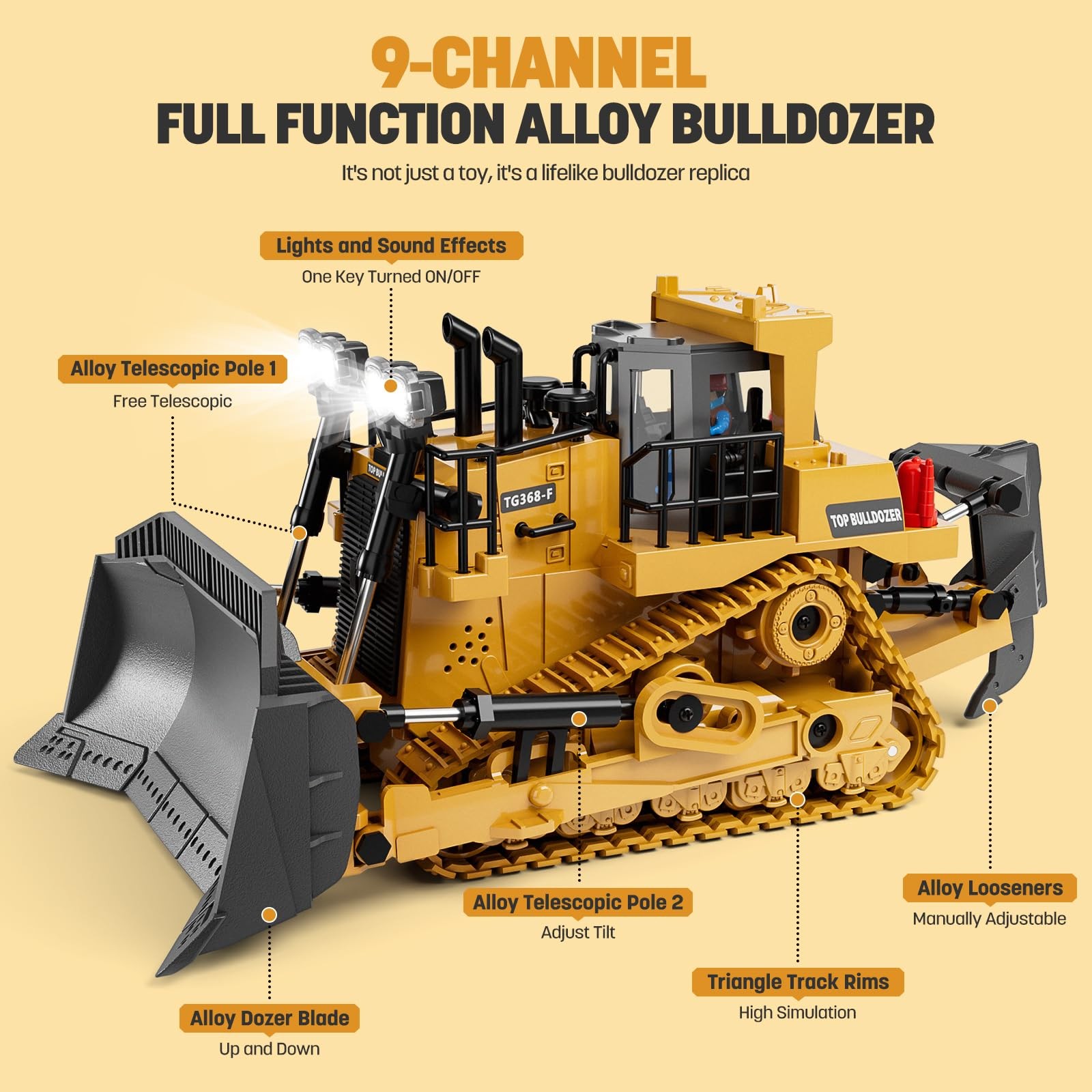 Metal RC Bulldozer Toy for Kids | 9-Channel Remote Control Track-Type Tractor…