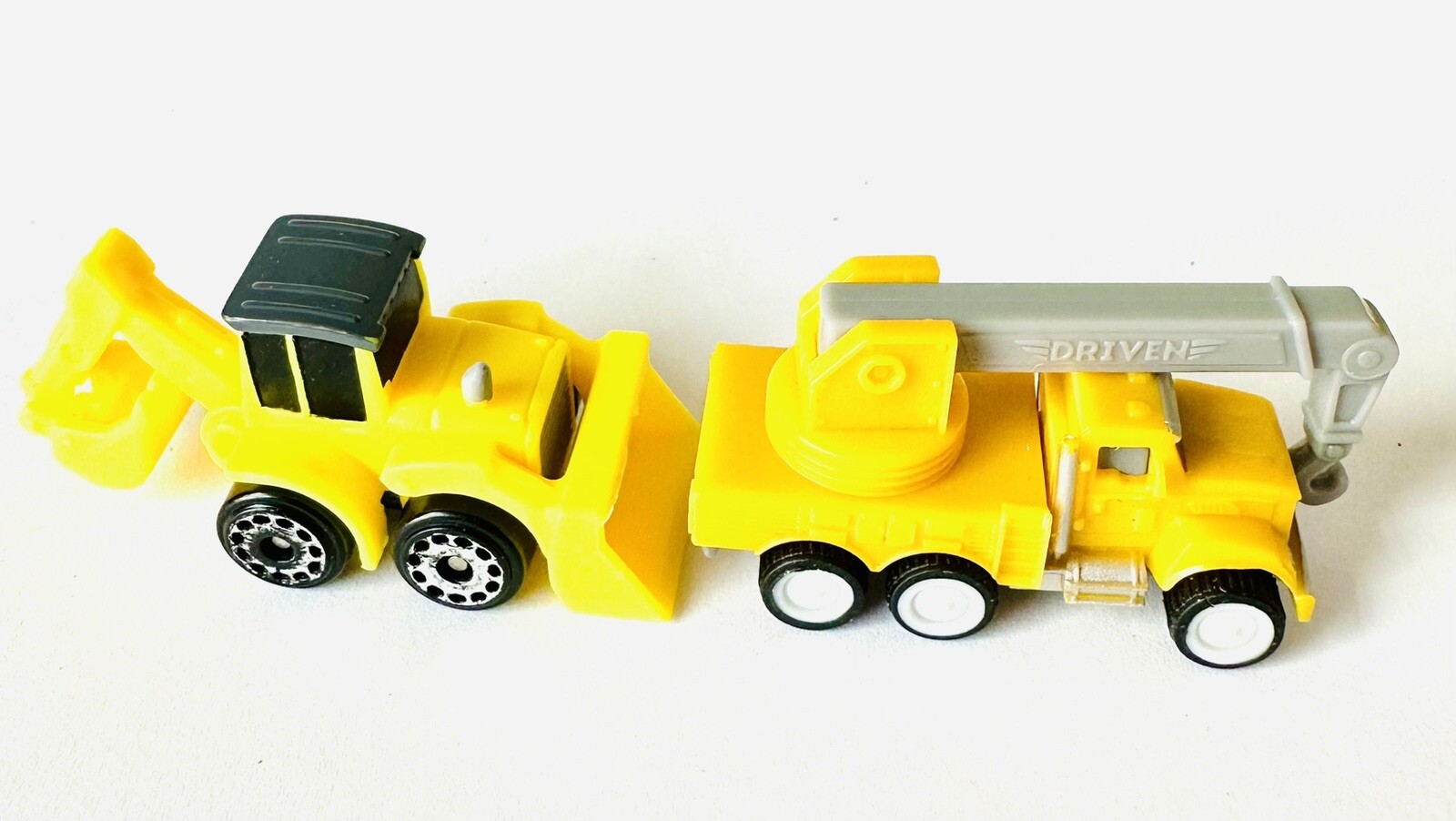 Small Hasbro 2020 Micro Machine Plastic Backhoe Yellow & Driven Crane Truck