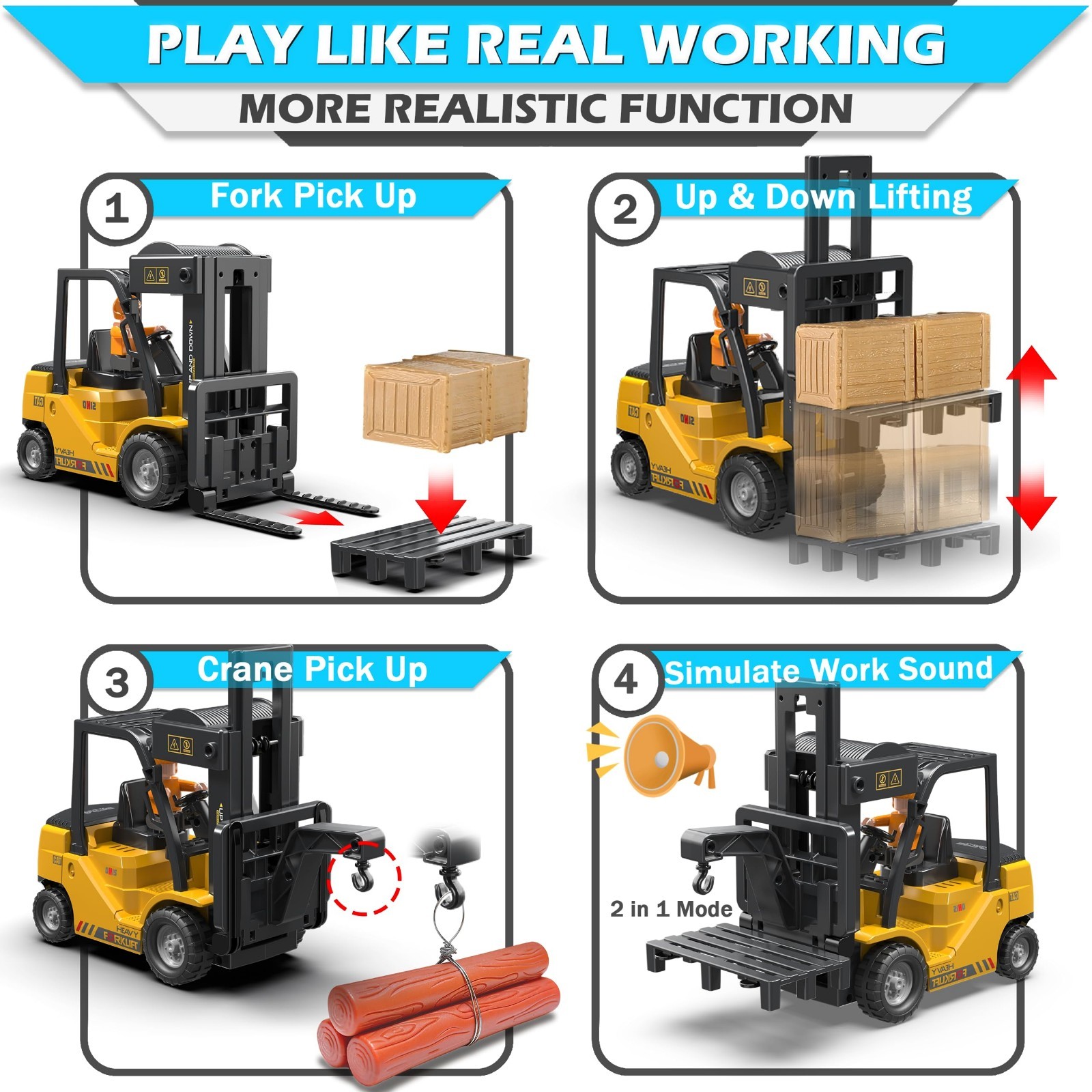 2-in-1 RC Forklift Truck Toy – Remote Control Lift & Hook, 11 Channels, Lights,