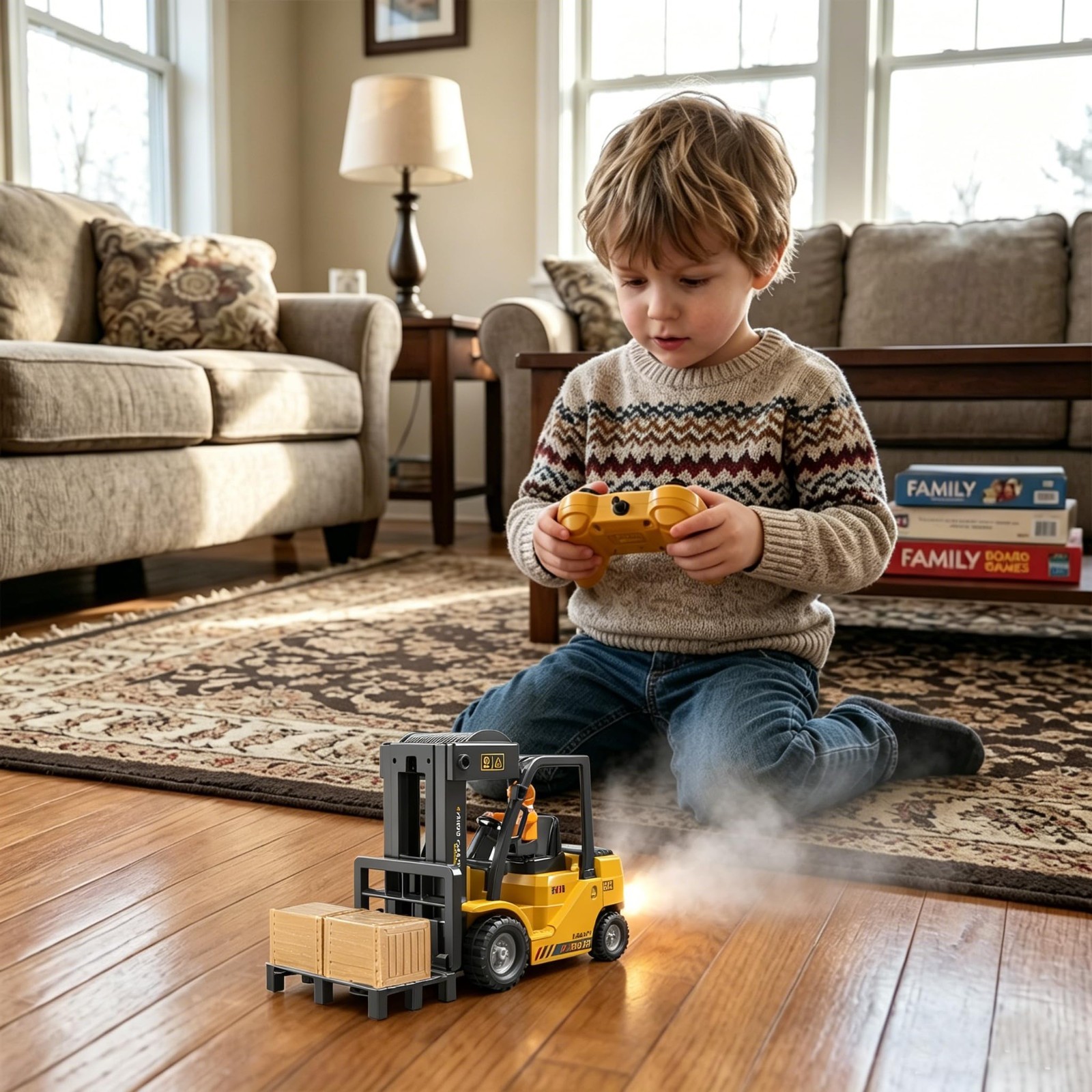 2-in-1 RC Forklift Toy with Light, Sound & Spray – Remote Control Construction V