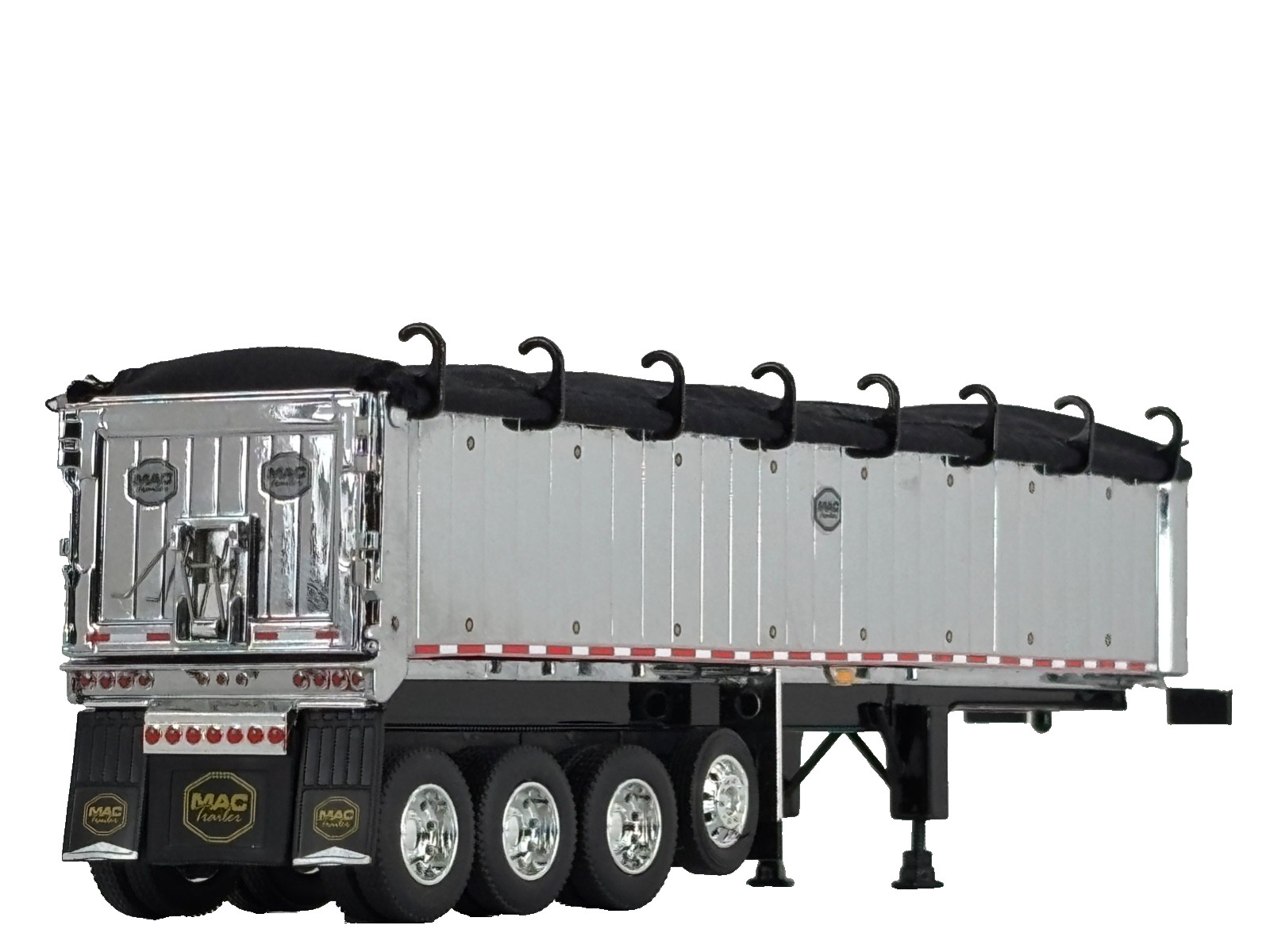 1/64 DCP CHROME/BLACK MAC QUAD AXLE END DUMP TRAILER W/ BLACK TARP