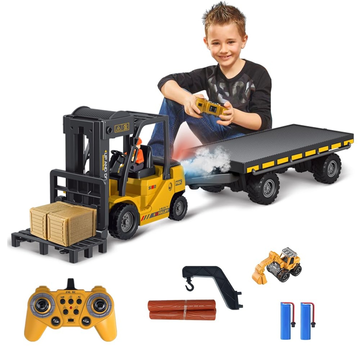 KNACKTOYZ Remote Control Forklift with Flatbed Truck, 11 Channel RC Forklifts…