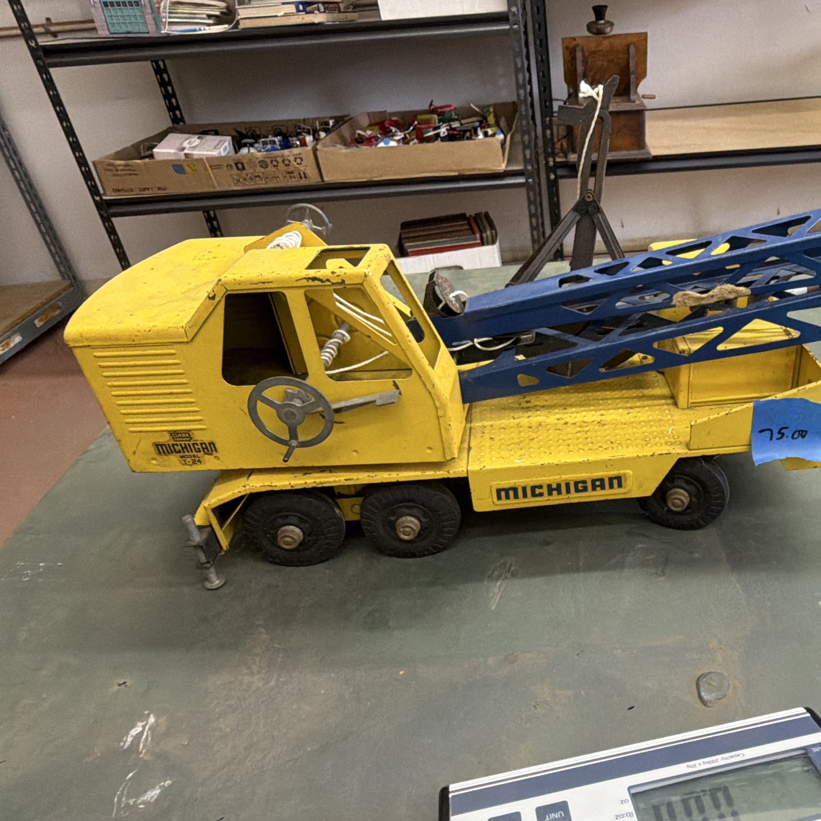 Michigan Vintage Yellow/Blue Pressed Steel Crane Construction Vehicle Toy