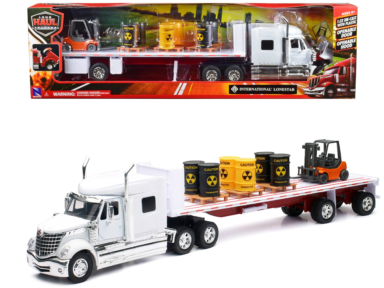 International Lonestar Flatbed White Toxic Barrels Forklift 1/32 New Ray