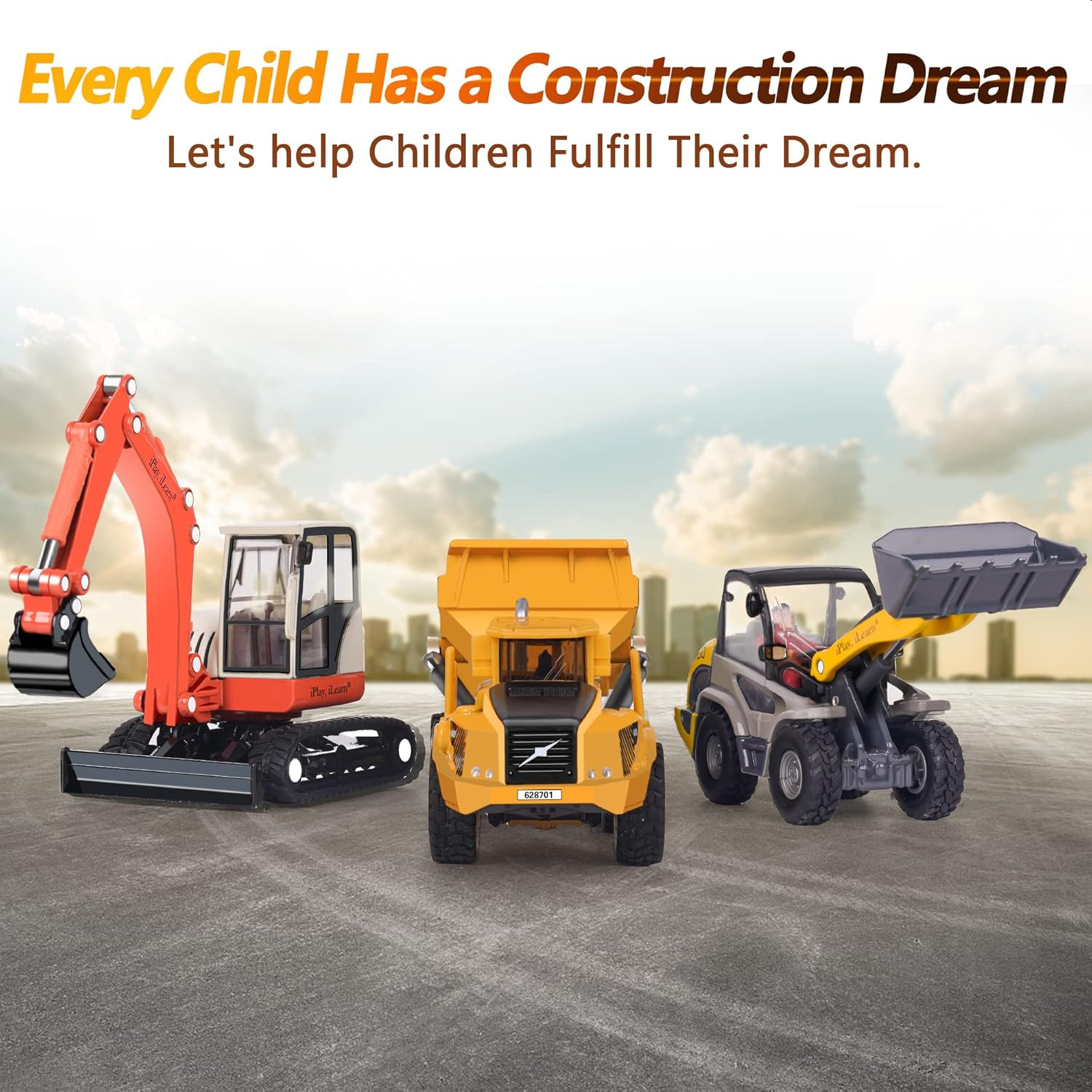 Heavy Duty Construction Site Playset, Metal Dump Truck, Excavator Digger Backhoe