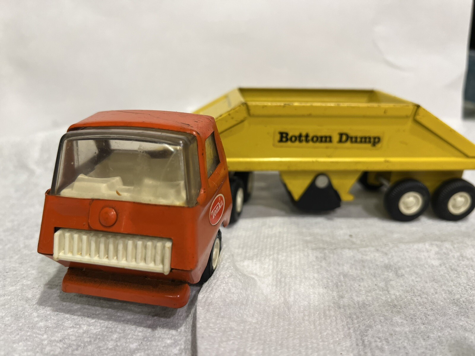 Vintage Metal Orange Tonka Truck With Bottom Dump trailer