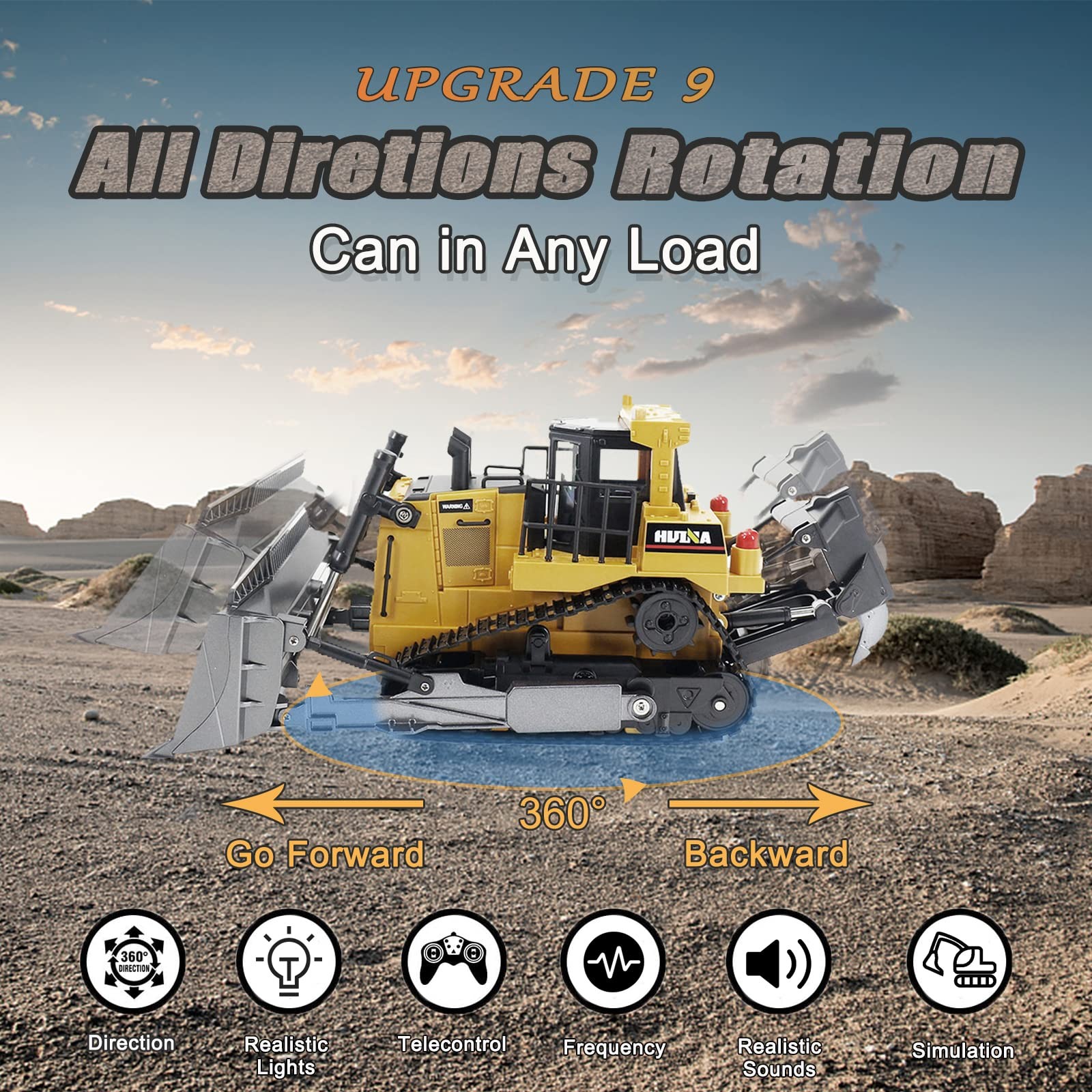 Remote Control Bulldozer RC 1/16 Full Functional Construction Vehicle, 9 Channel
