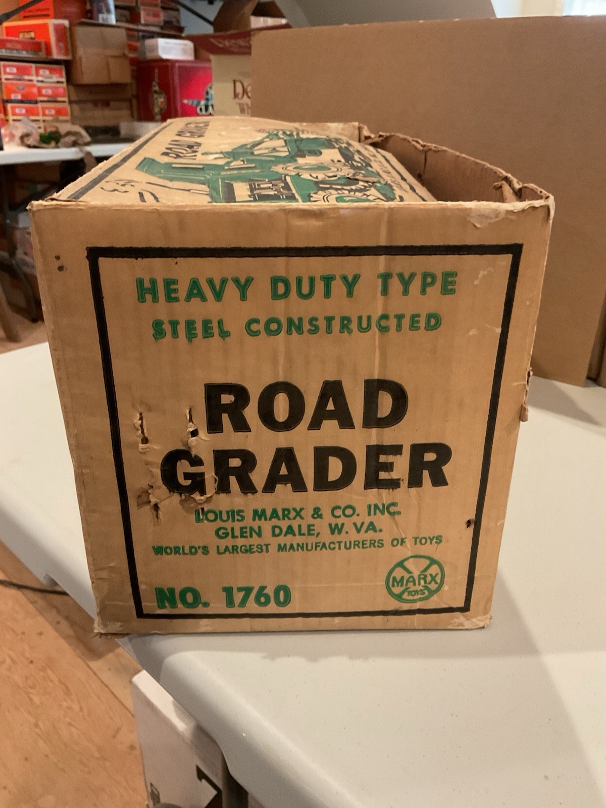 Vintage 1964 Louis Marx No. 1760 Pressed Steel Power Grader, Green, Original Box