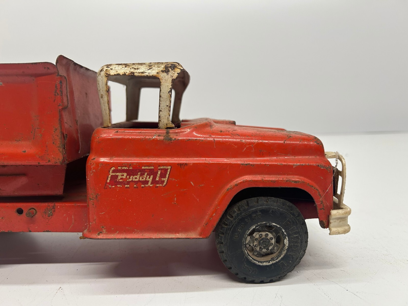 Vtg Buddy L c1960s Dump Truck Pressed Steel Toy Car Red 15″