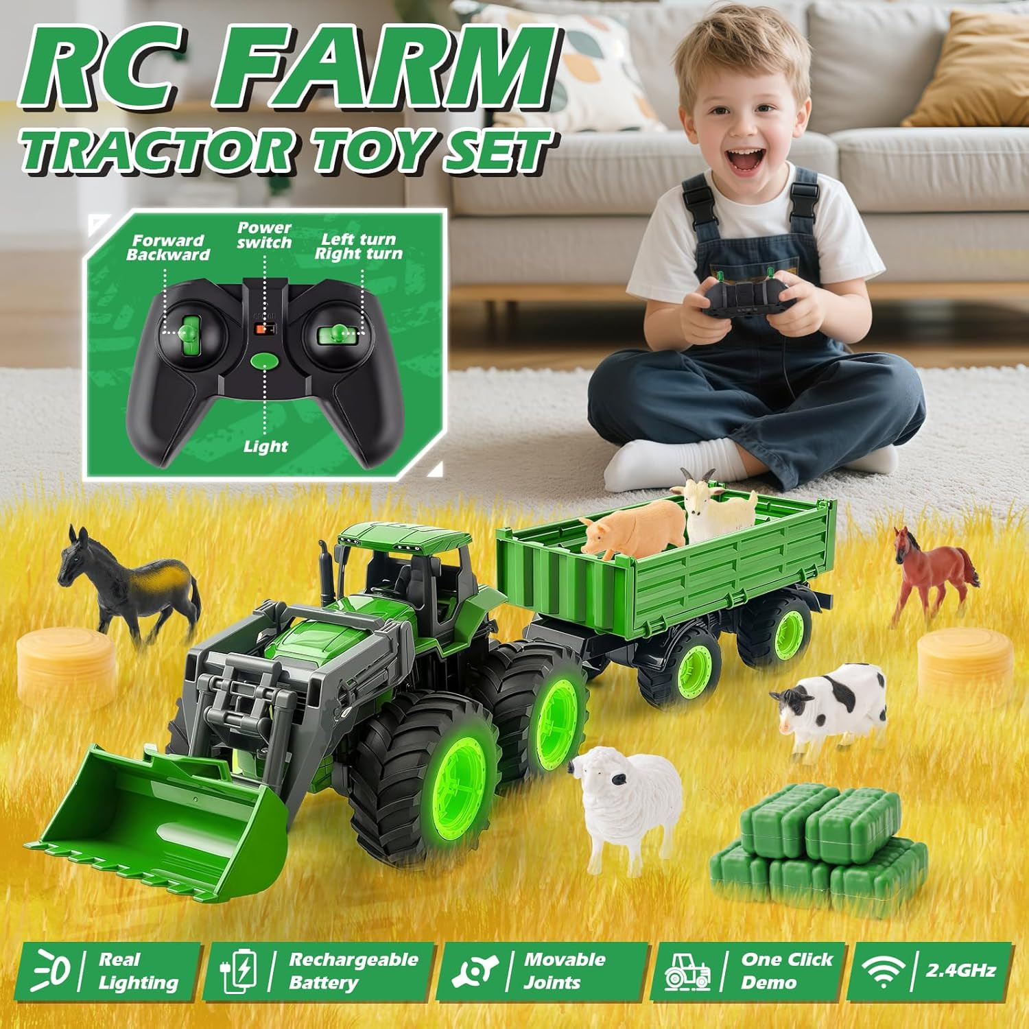Remote Control Tractor Toy Set with Trailer & Farm Accessories, Light up Farm Tr