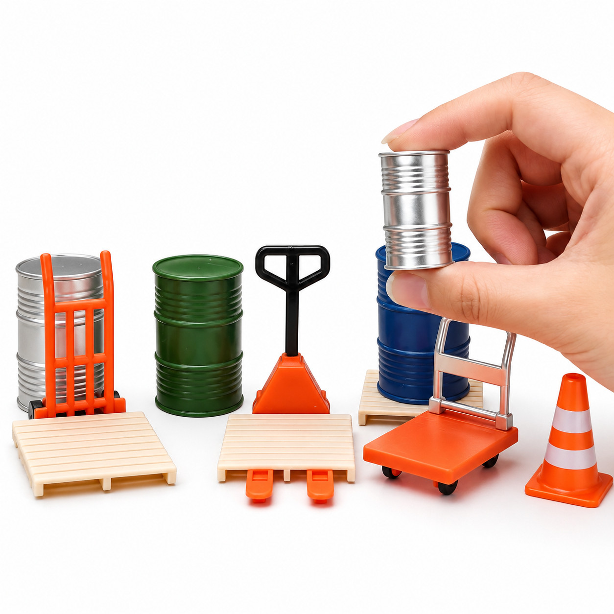 12 pcs Miniature logistics scene accessories: Mini pushcart / mini forklift set