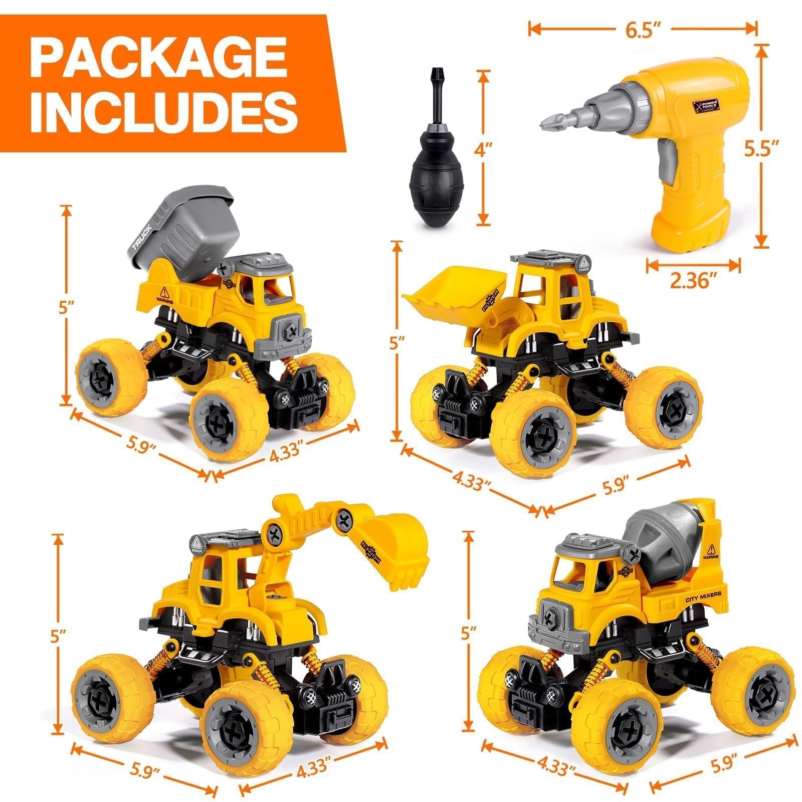 4PCS Take Apart Construction Truck Set with Electric Drill – STEM Learning Toys