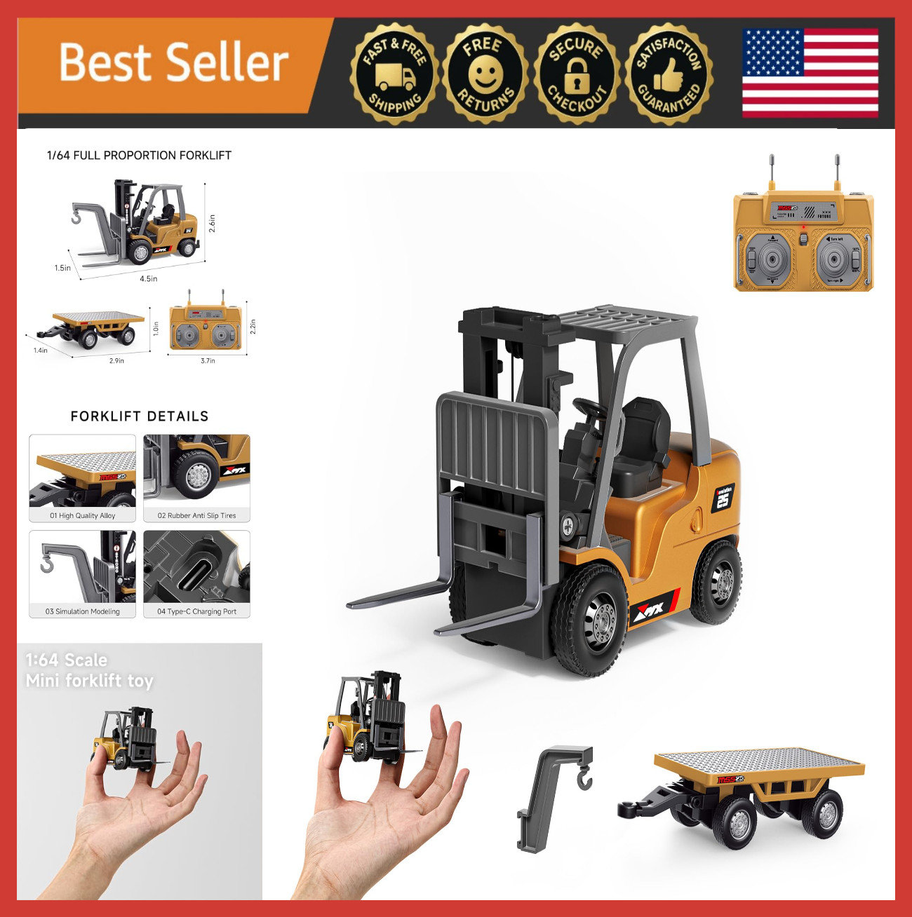 1/64 RC Forklift Toy 8CH Mini Remote Control Truck 2-in-1 Lift & Hook Kids 4+