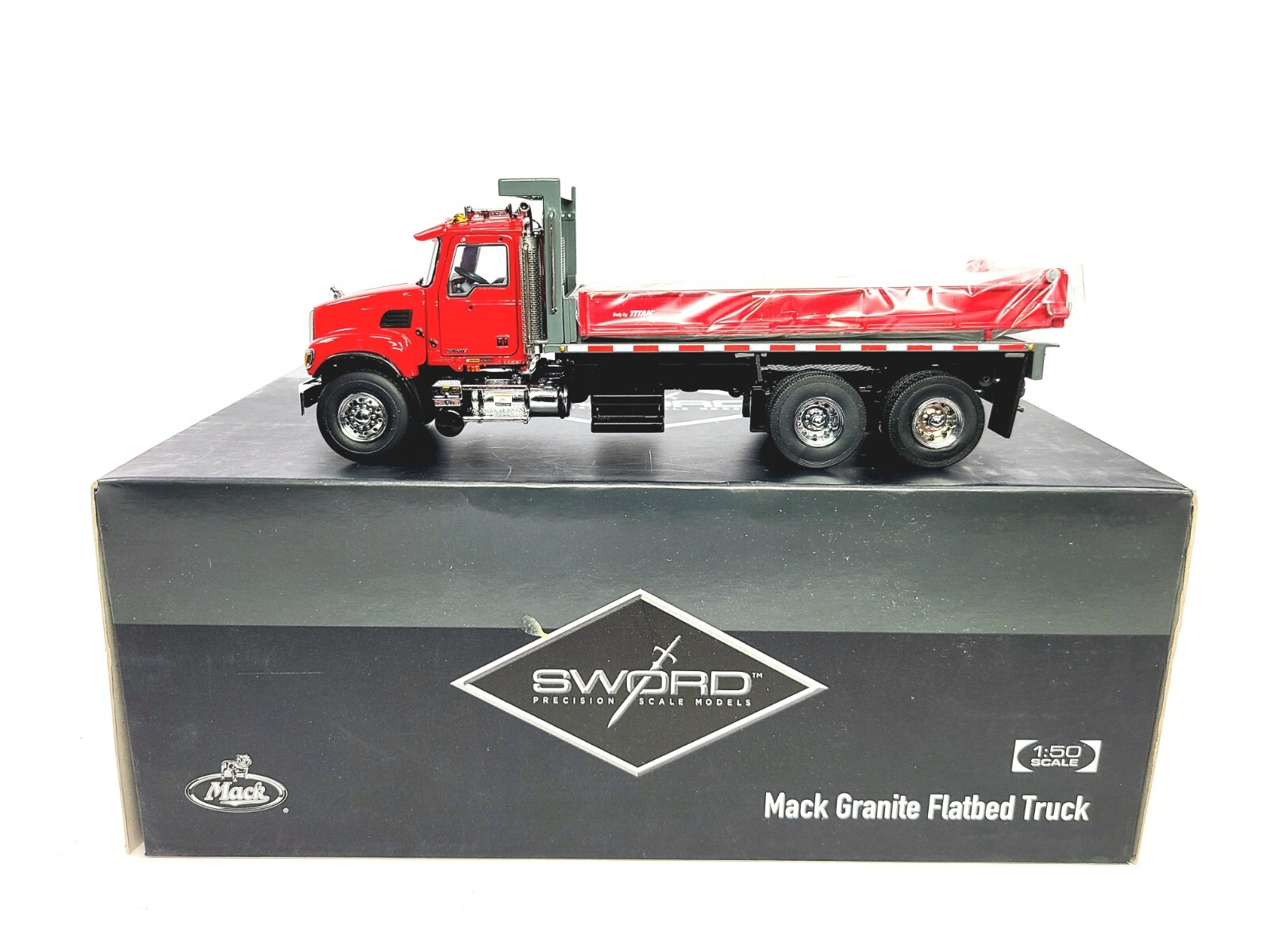 Mack Granite Flatbed Truck – Red – Sword 1:50 Scale Diecast Model #SW2102-R New