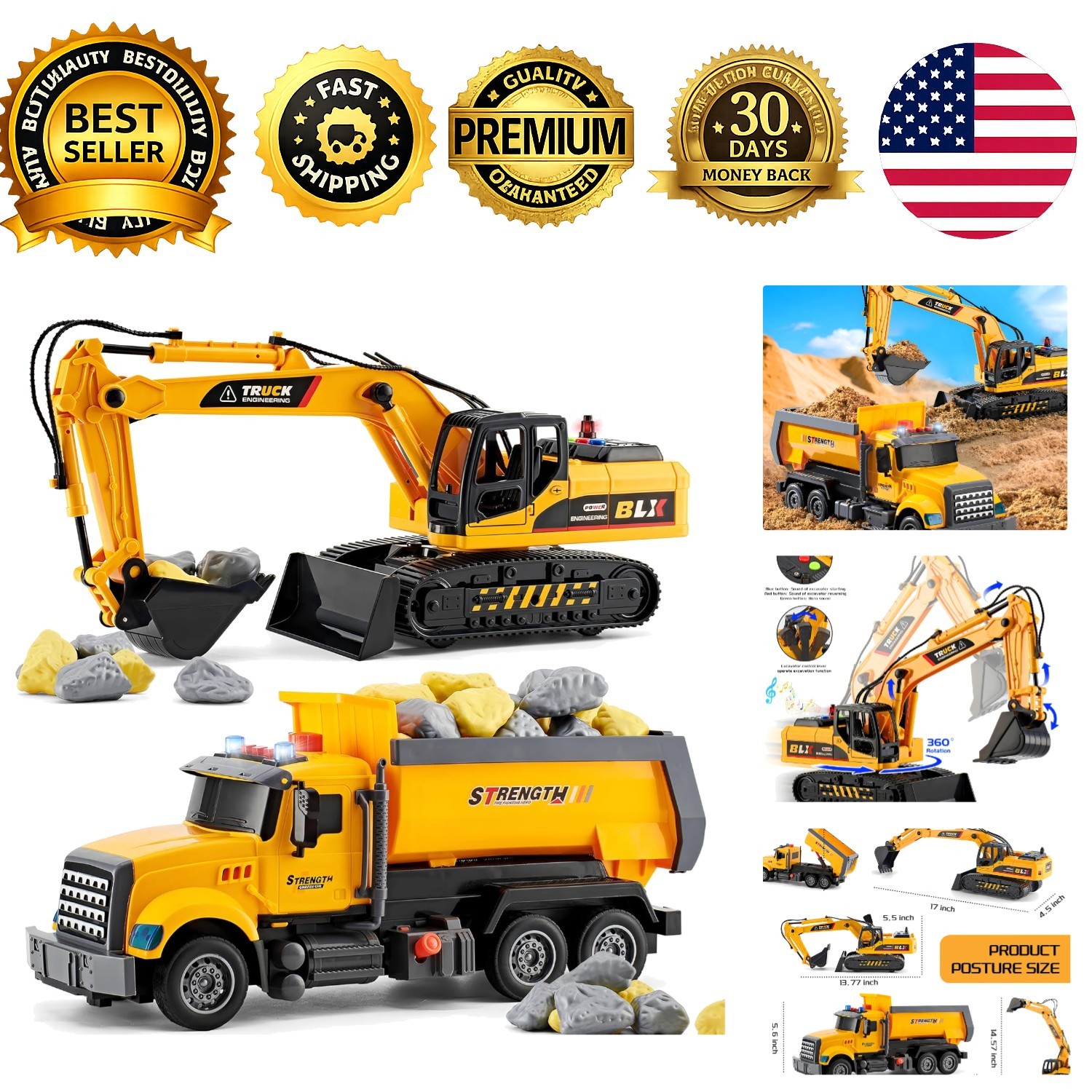 2 Pack Construction Truck Toys Moveable Claw Excavator Back Dump Truck Set
