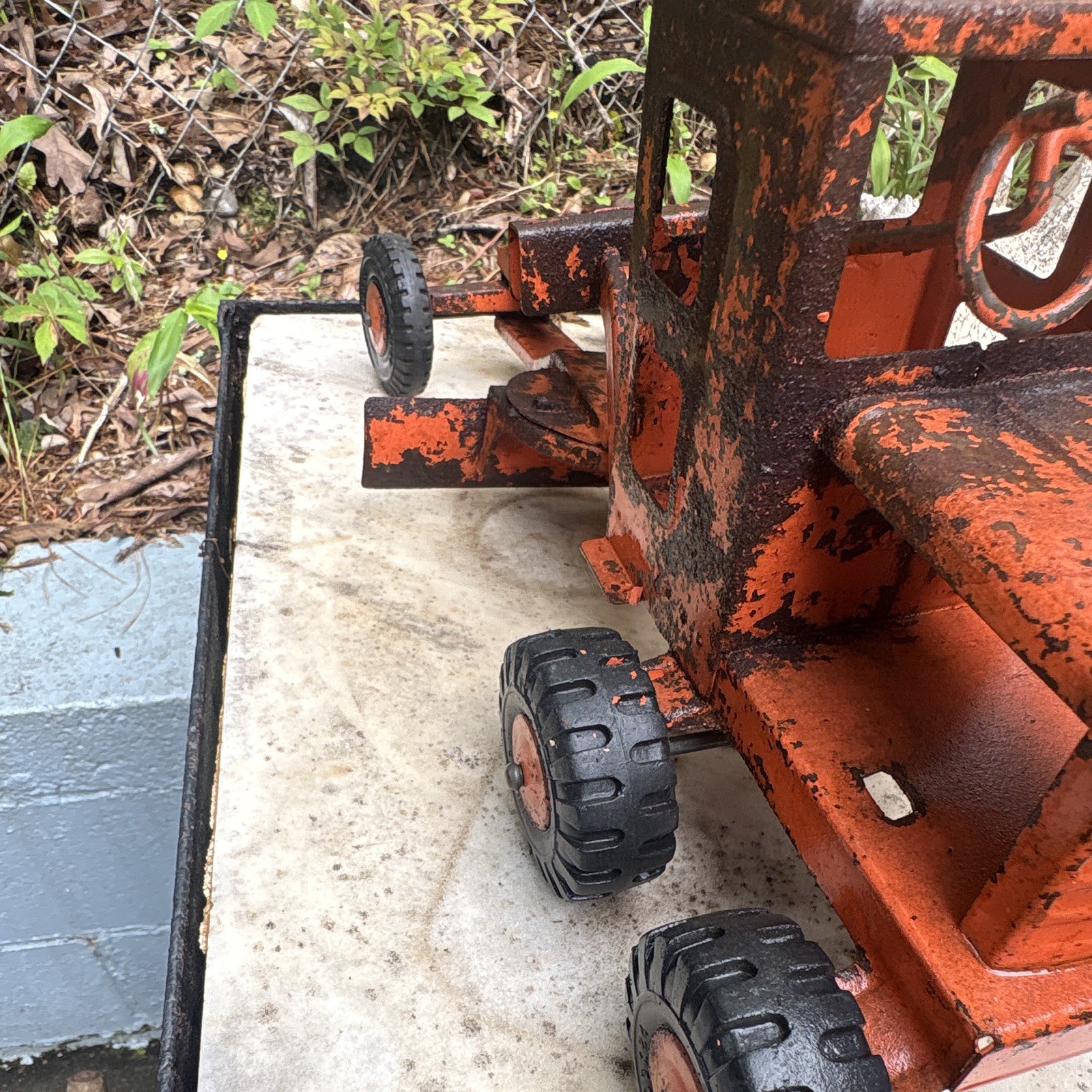 Vintage Road Grader Construction Toy, Pressed Steel, Orange & Black Lumar tires