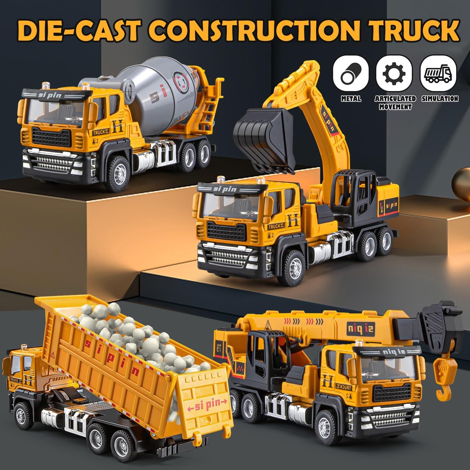 4 Packs Metal Construction Trucks Playsets, Mini Friction Powered Engineering…