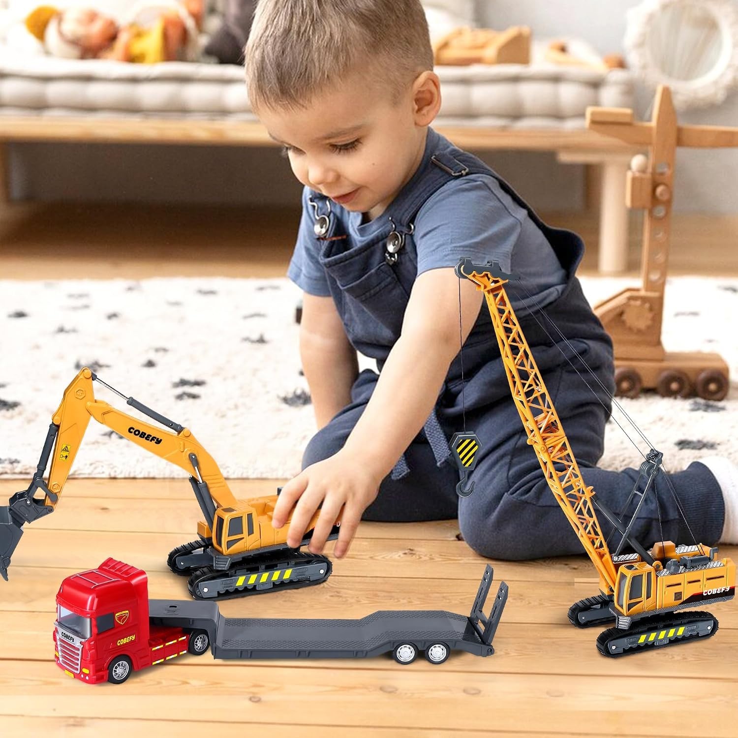 Kids Construction Trucks Set Excavator Crane Semi Truck Tractor Lowboy Trailer