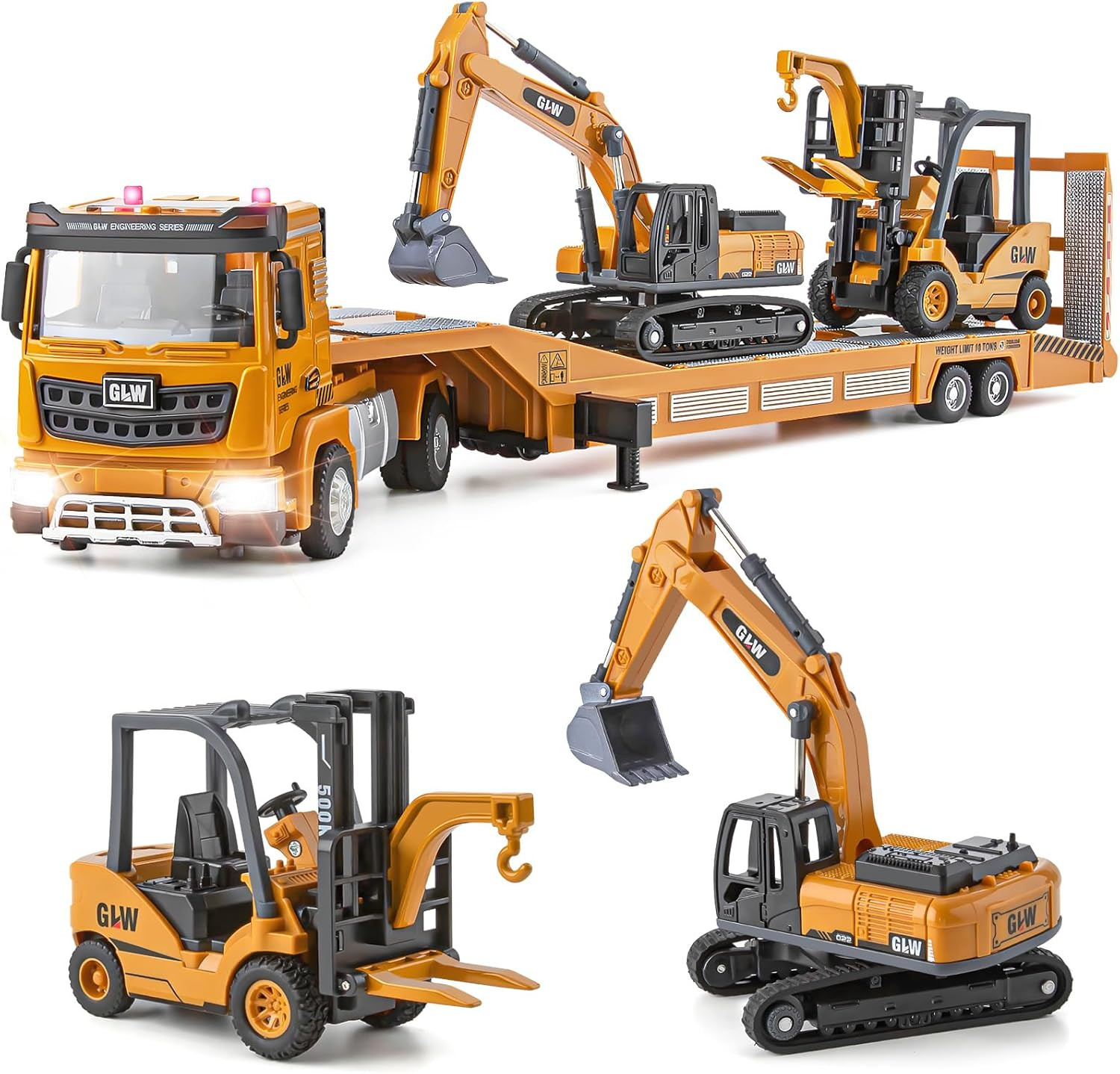 Die-Cast Construction Truck Toys Set W/Semi Truck, Excavator, Forklift, Alloy En