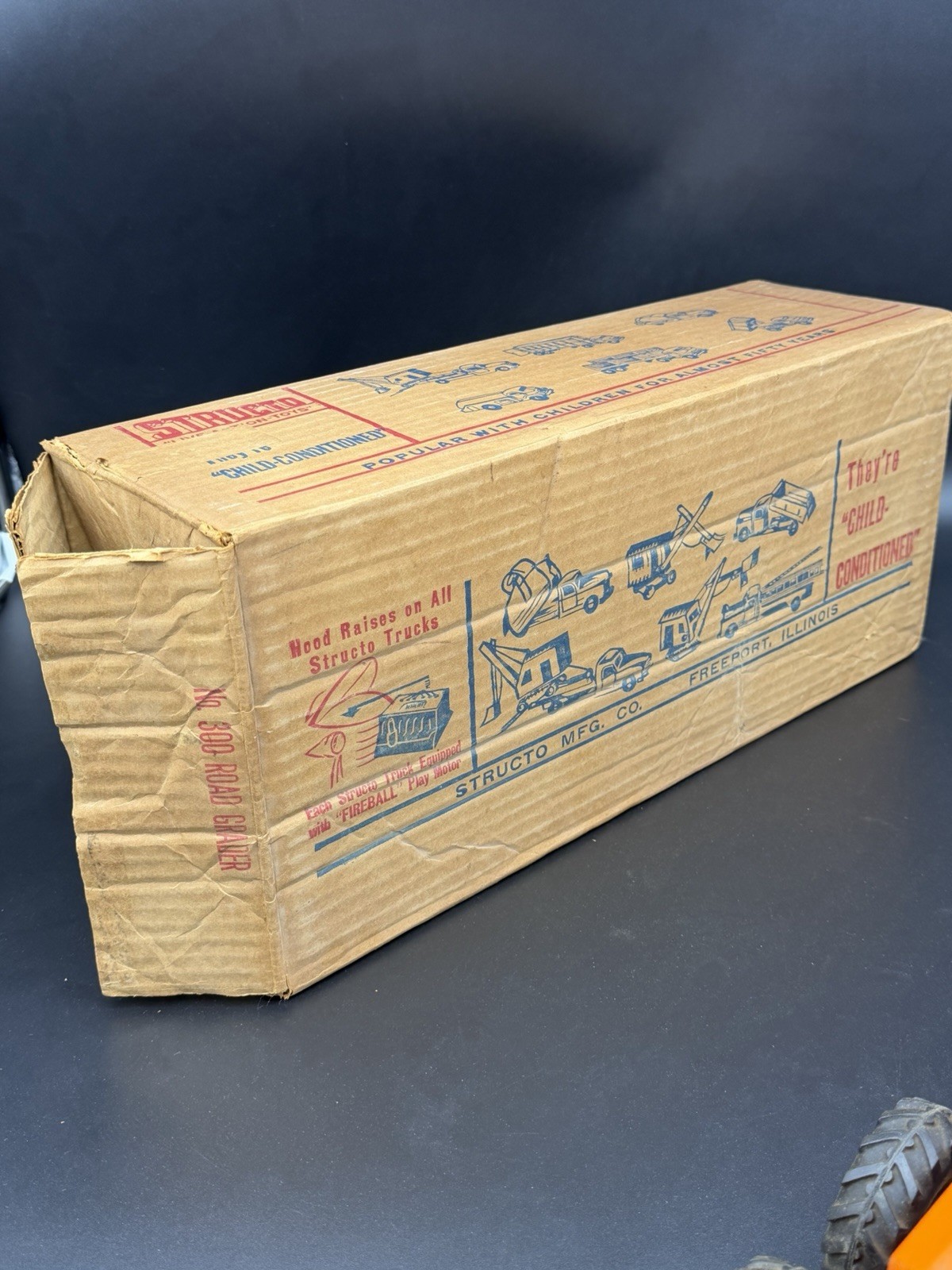 Vintage Structo Toys Road Grader No. 300 Orange Pressed Steel W/ Box