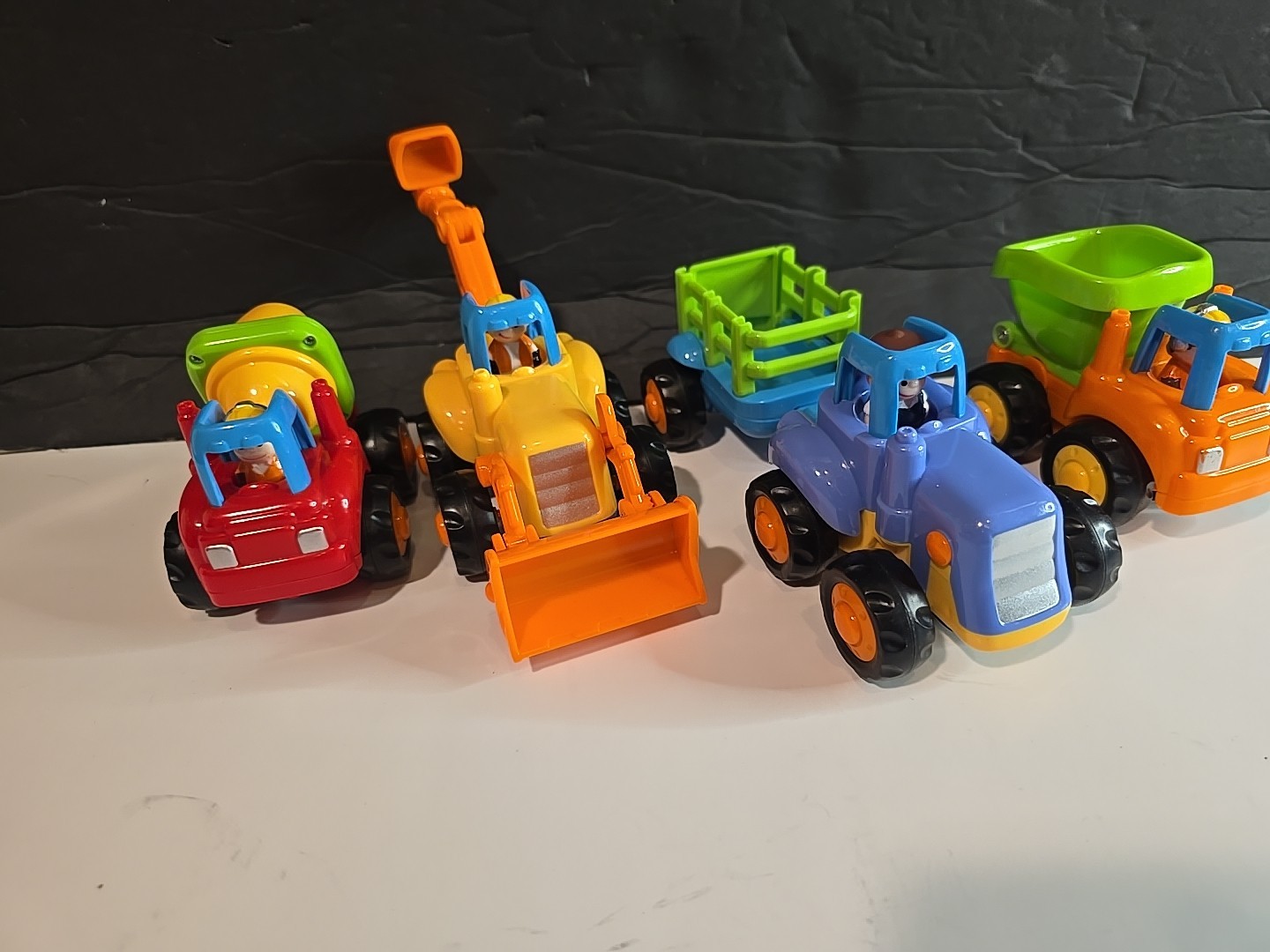 4 Huile Toy Vehicles Push & Go Friction Lot Tractor Mixer Dumptruck & Backhoe