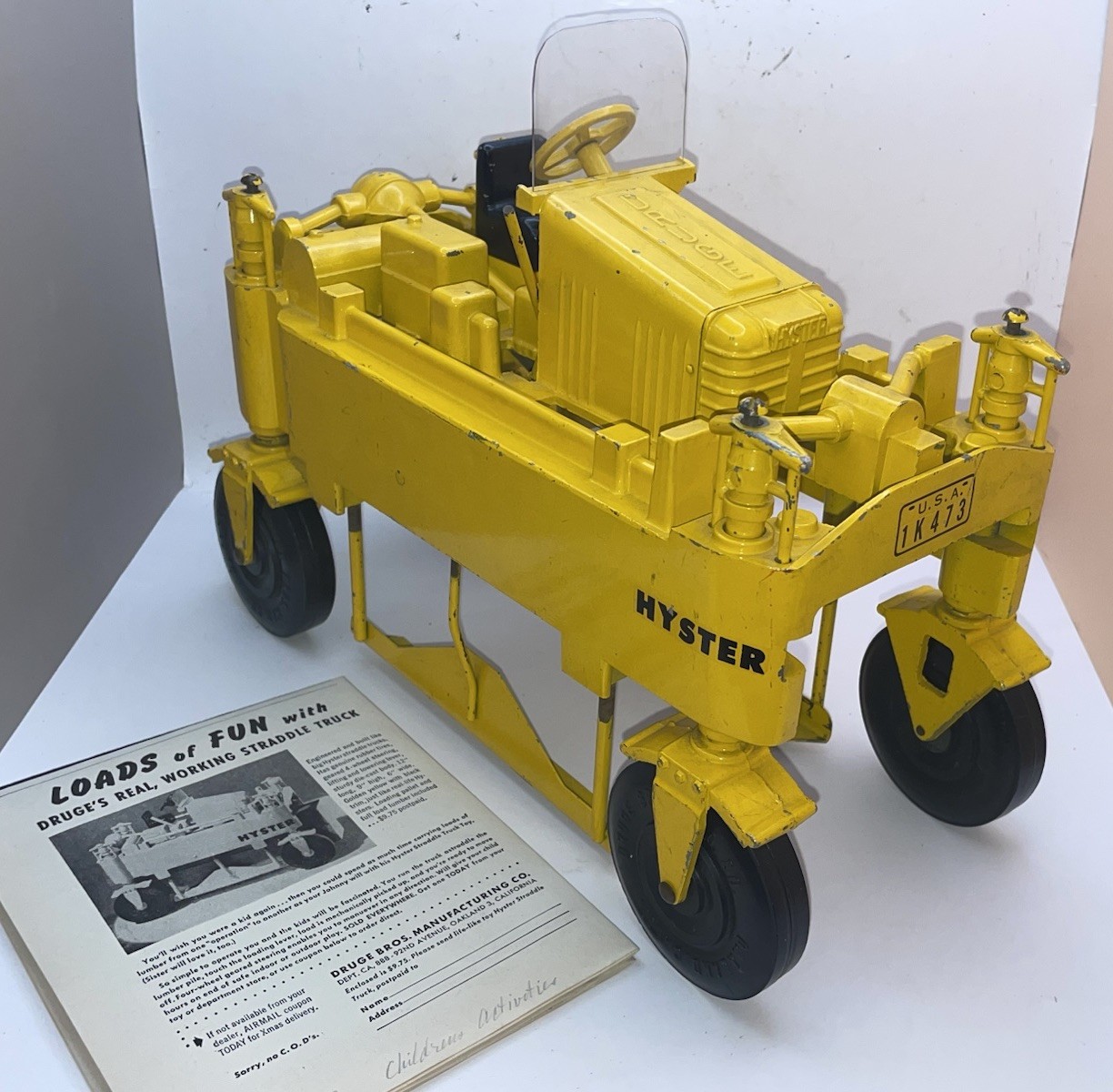1948 HYSTER 1K473 Straddle Truck Lumber Carrier Promo 1/20 DRUGE Yellow XLNT+