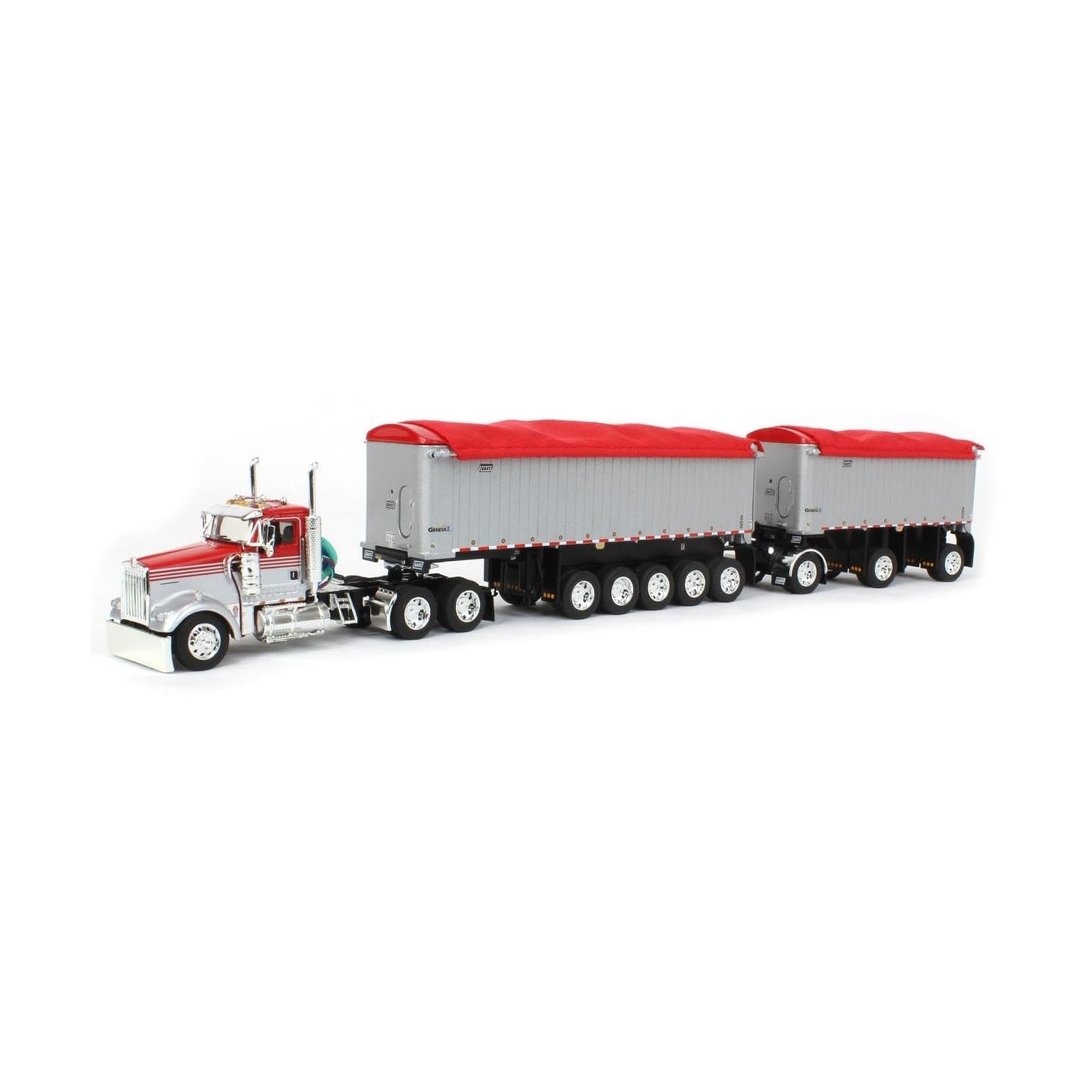 DCP 1/64 Viper Red/Silver Kenworth W900L w/ 31ft & 20ft End Dump Trailers, by…
