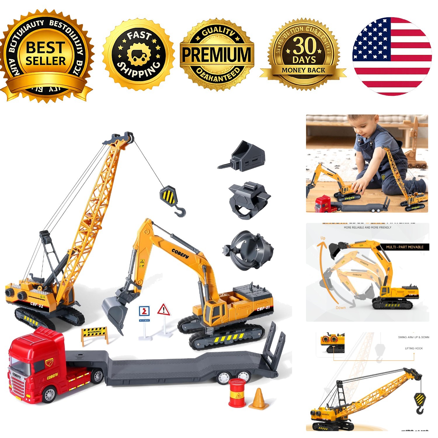 Kids Construction Trucks Set Excavator Crane Semi Truck Tractor Lowboy Trailer