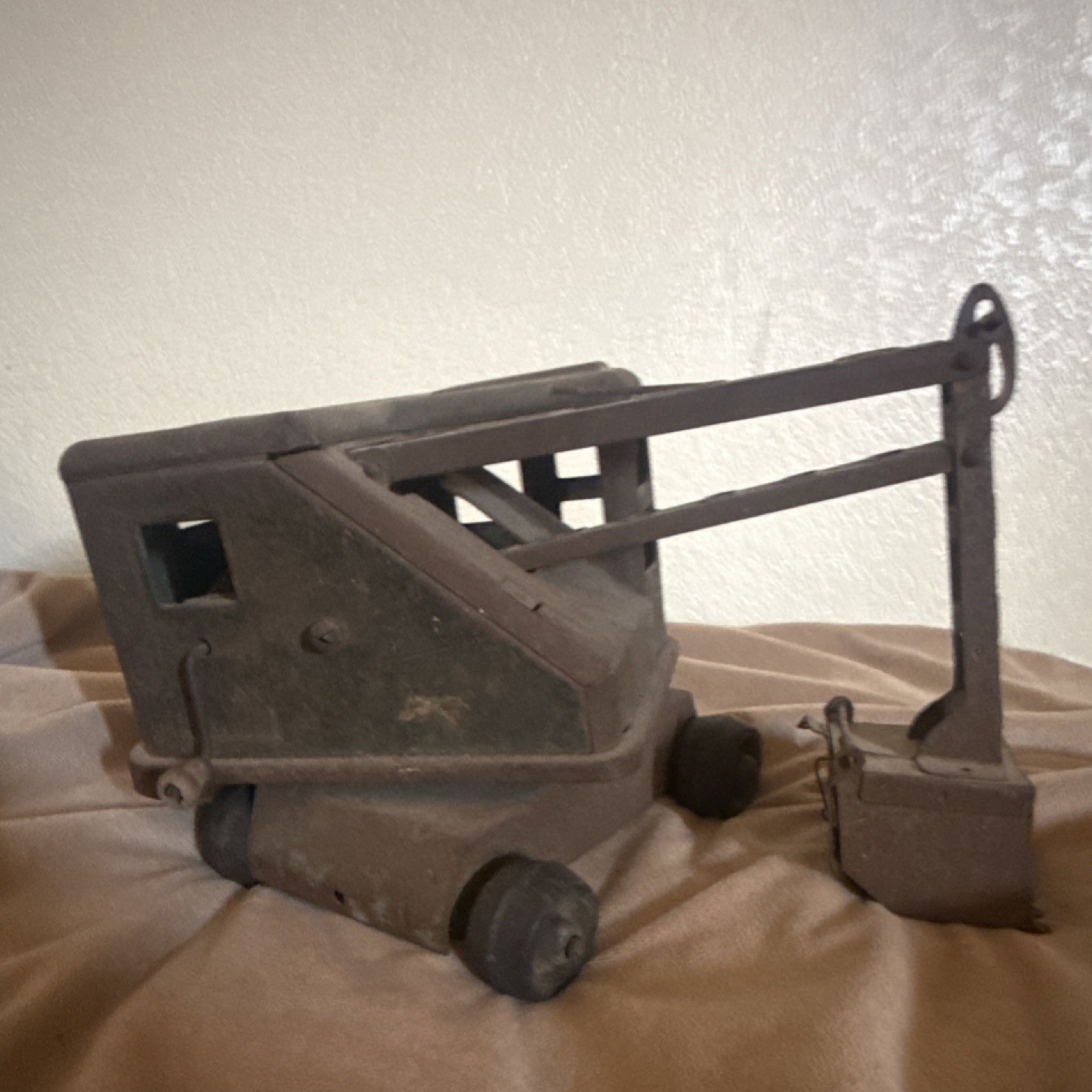 Vintage Pressed Steel Excavator Toy Brown Green Construction Vehicle