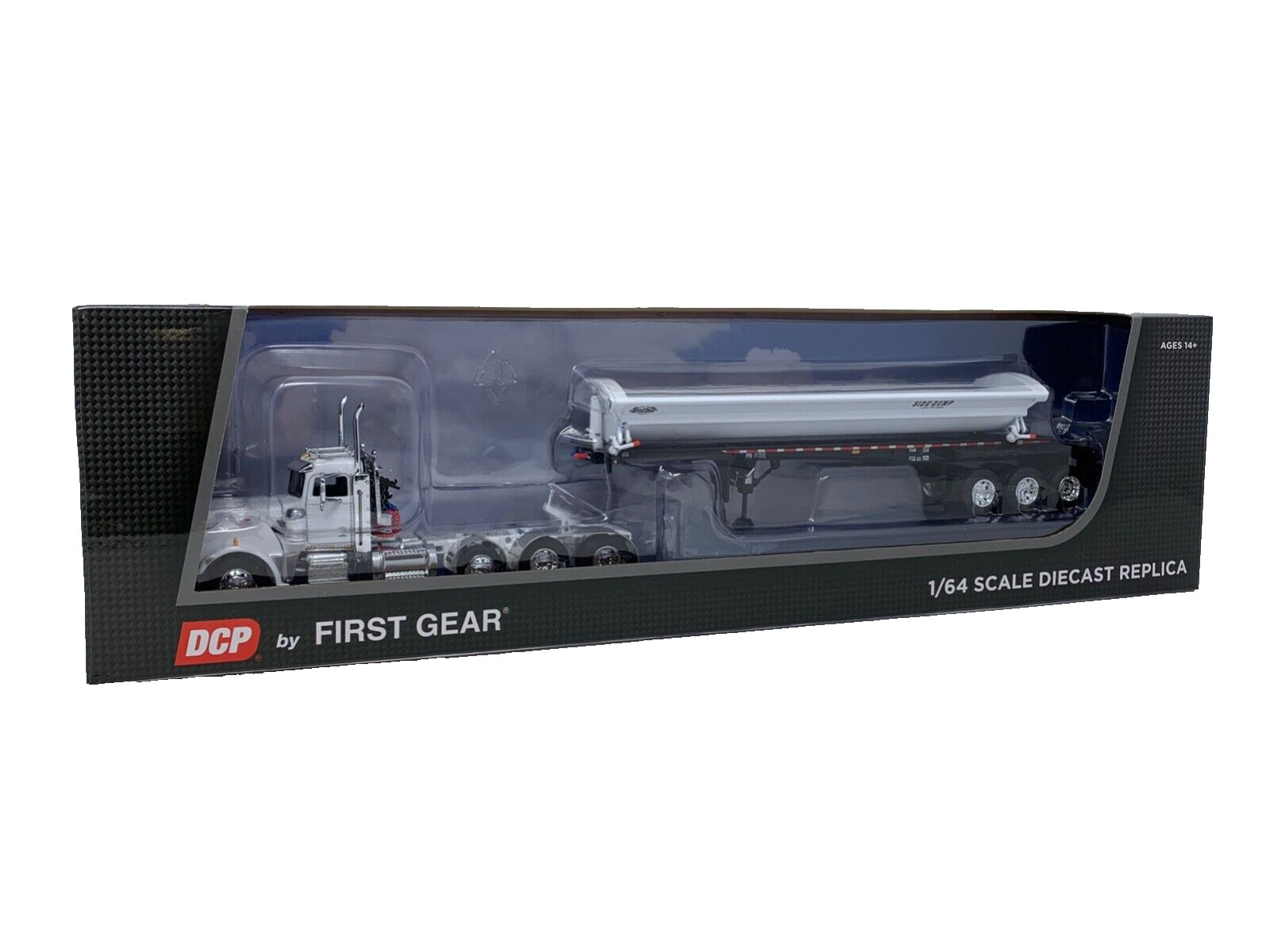 1/64 DCP WHITE PETERBILT 359 TRI AXLE W/ SMITHCO TRI AXLE SIDE DUMP TRAILER