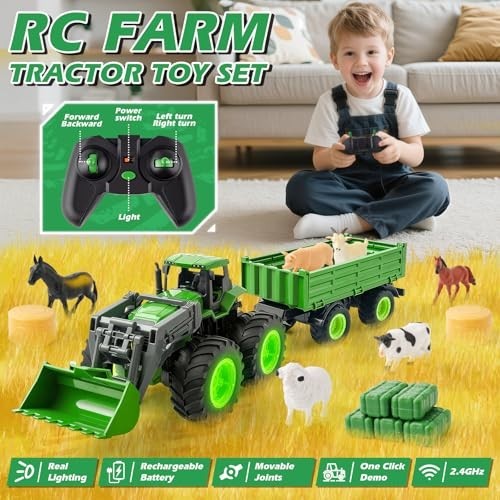 Remote Control Tractor Toy Set with Truck & Trailer, 2.4GHz Farm Vehicle for Kid