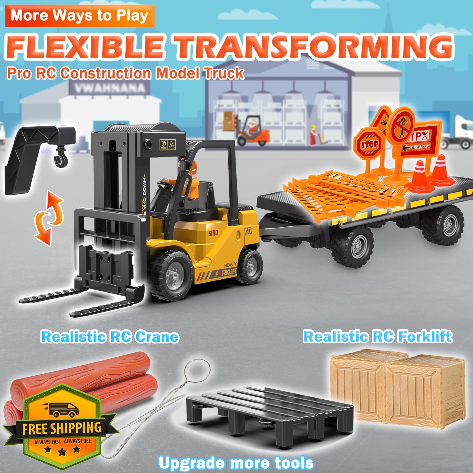 VWAHNANA RC Forklift Yellow Trailer