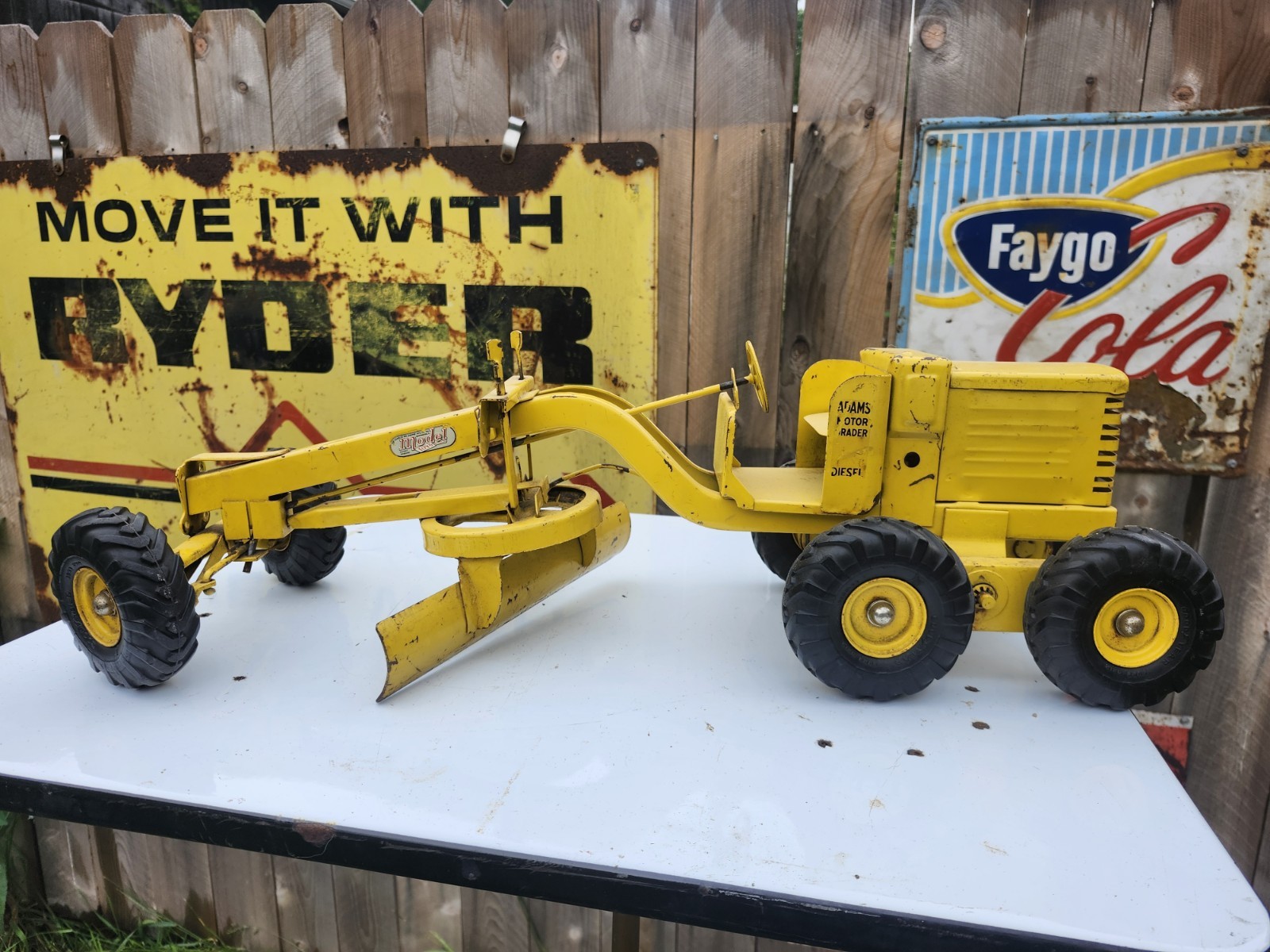 Doepke Model Toys, Adams Diesel Motor Road Grader 1950’s Yellow Pressed Steel