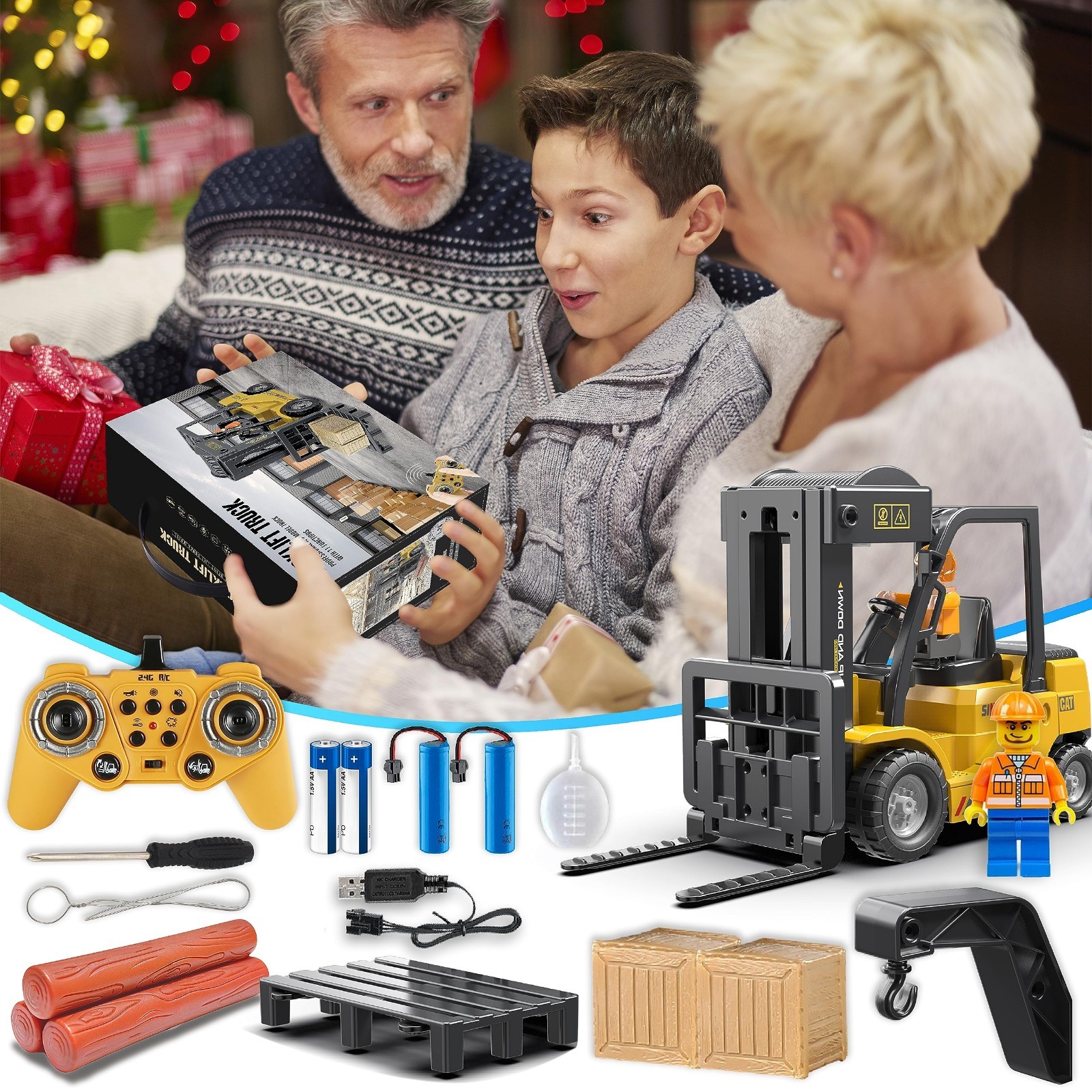 2-in-1 RC Forklift Truck Toy – Remote Control Lift & Hook, 11 Channels, Lights,