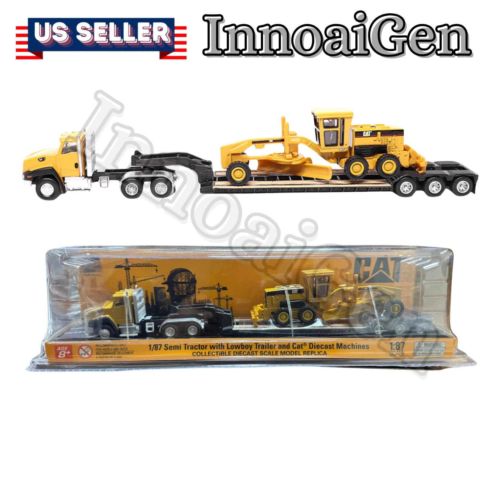 1/87 Scale Semi Tractor with Lowboy Trailer and Cat Diecast Machine Collectible