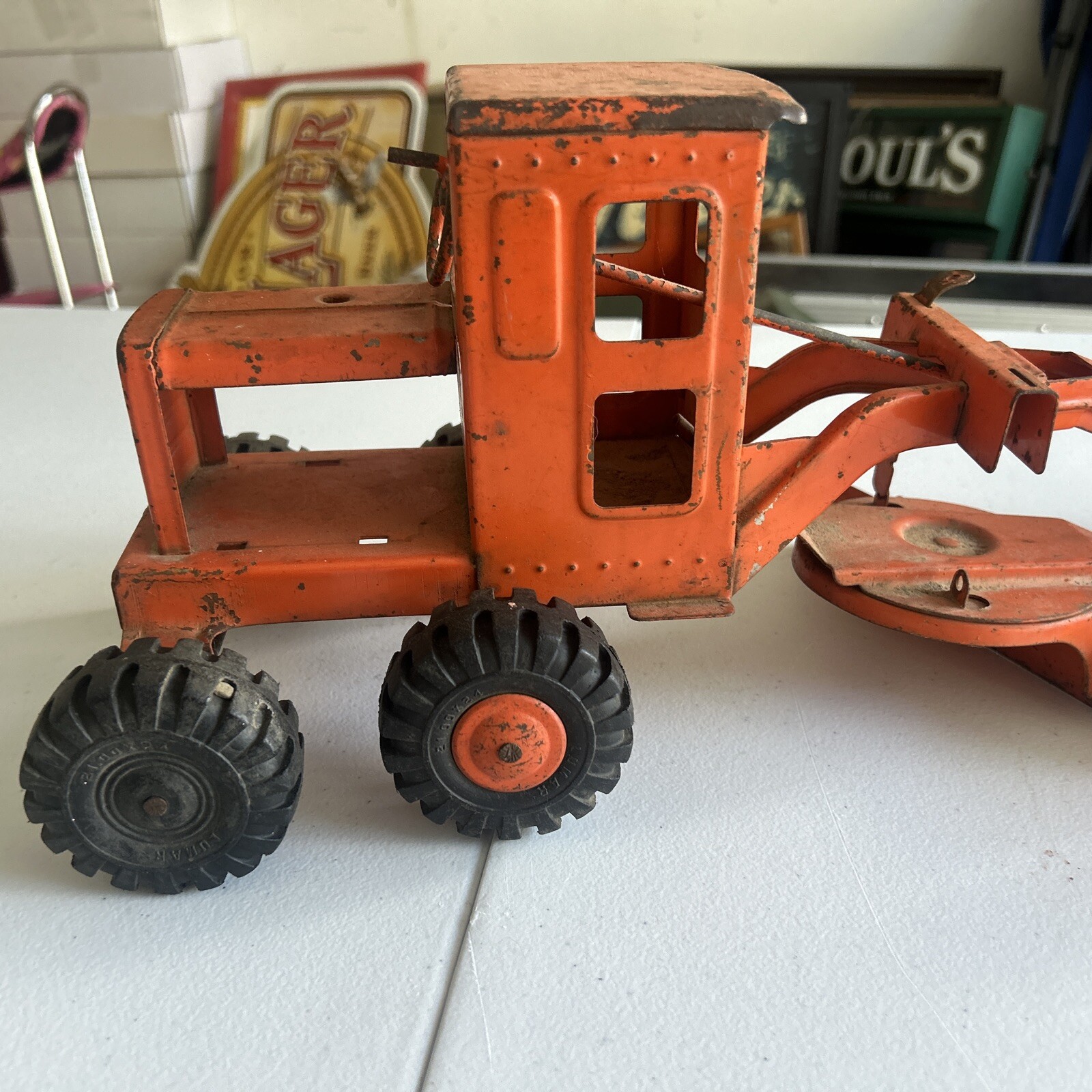 Vintage Marx 1950s Orange Lumar Power Road Grader Pressed Steel Toy USA NICE