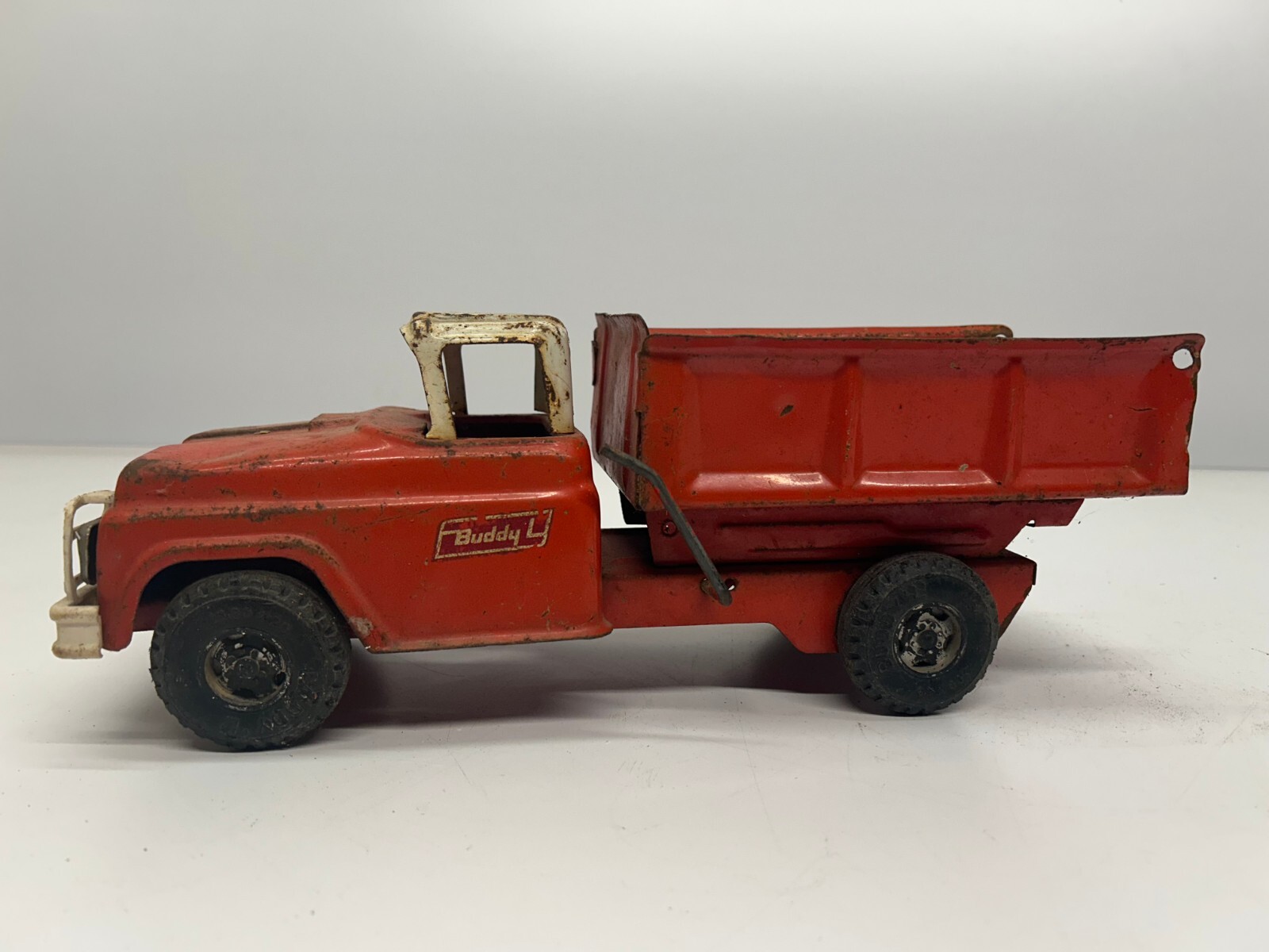 Vtg Buddy L c1960s Dump Truck Pressed Steel Toy Car Red 15″