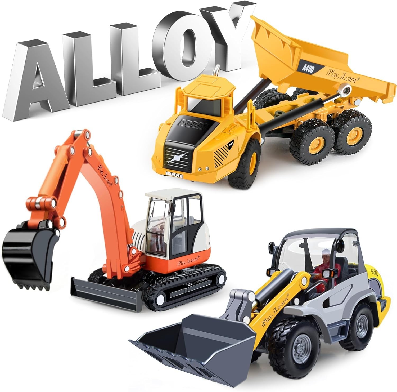 Heavy Duty Construction Site Playset, Metal Dump Truck, Excavator Digger Back…