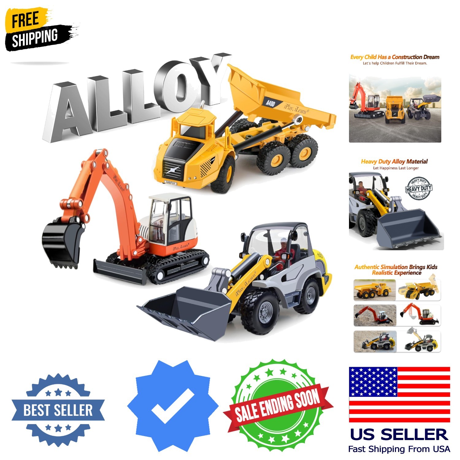 Heavy Duty Construction Site Playset, Metal Dump Truck, Excavator Digger Back…