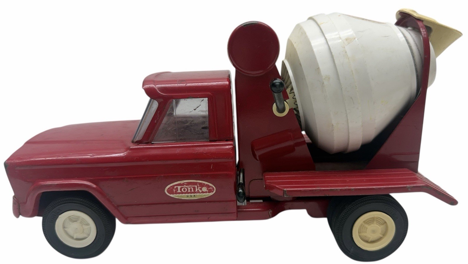 Vintage 1960s Red Tonka 9″ Pressed Steel Cement Mixer with Working Drum