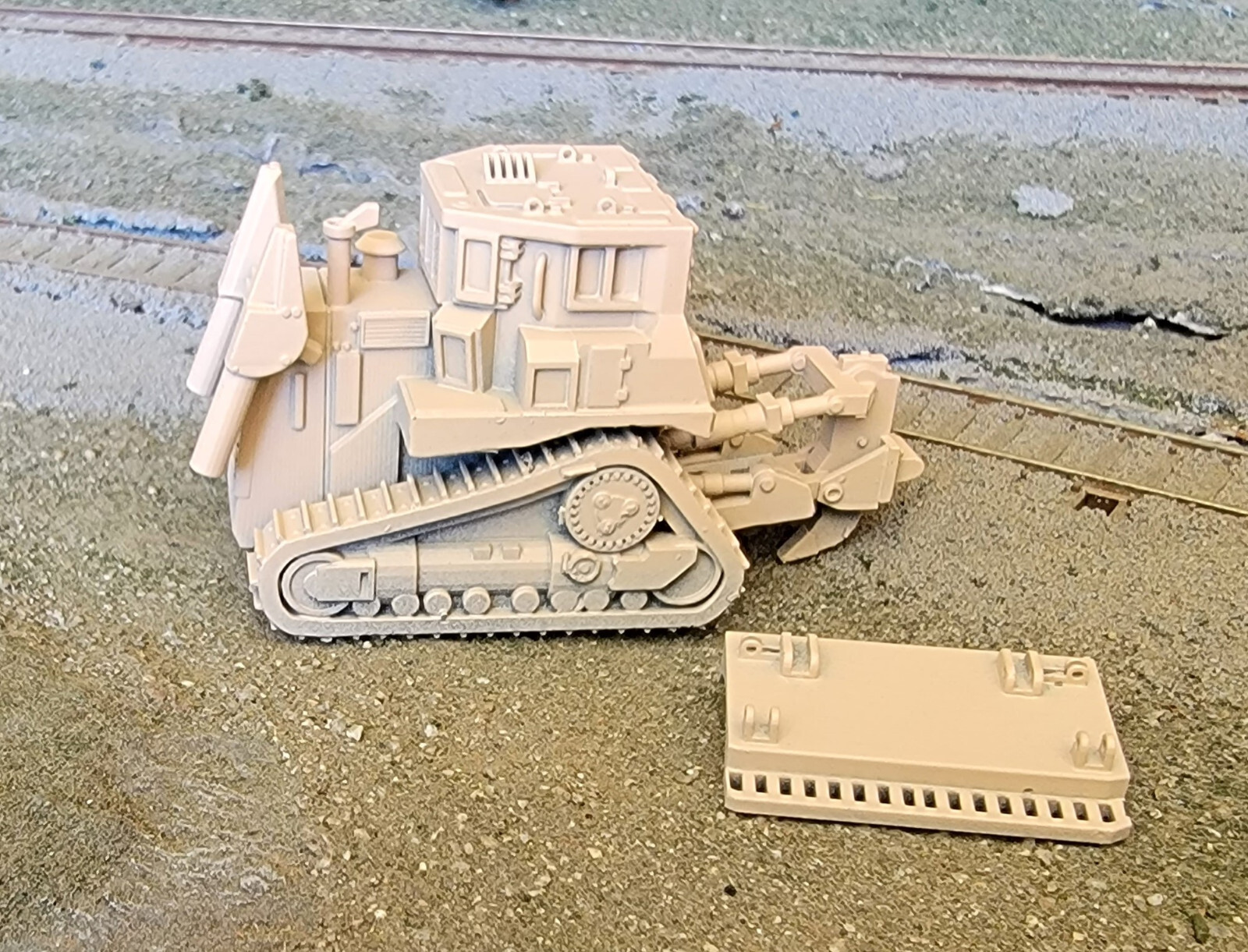 One 1/87 scale Cat D9R armored bulldozer, separate blade, desert tan!