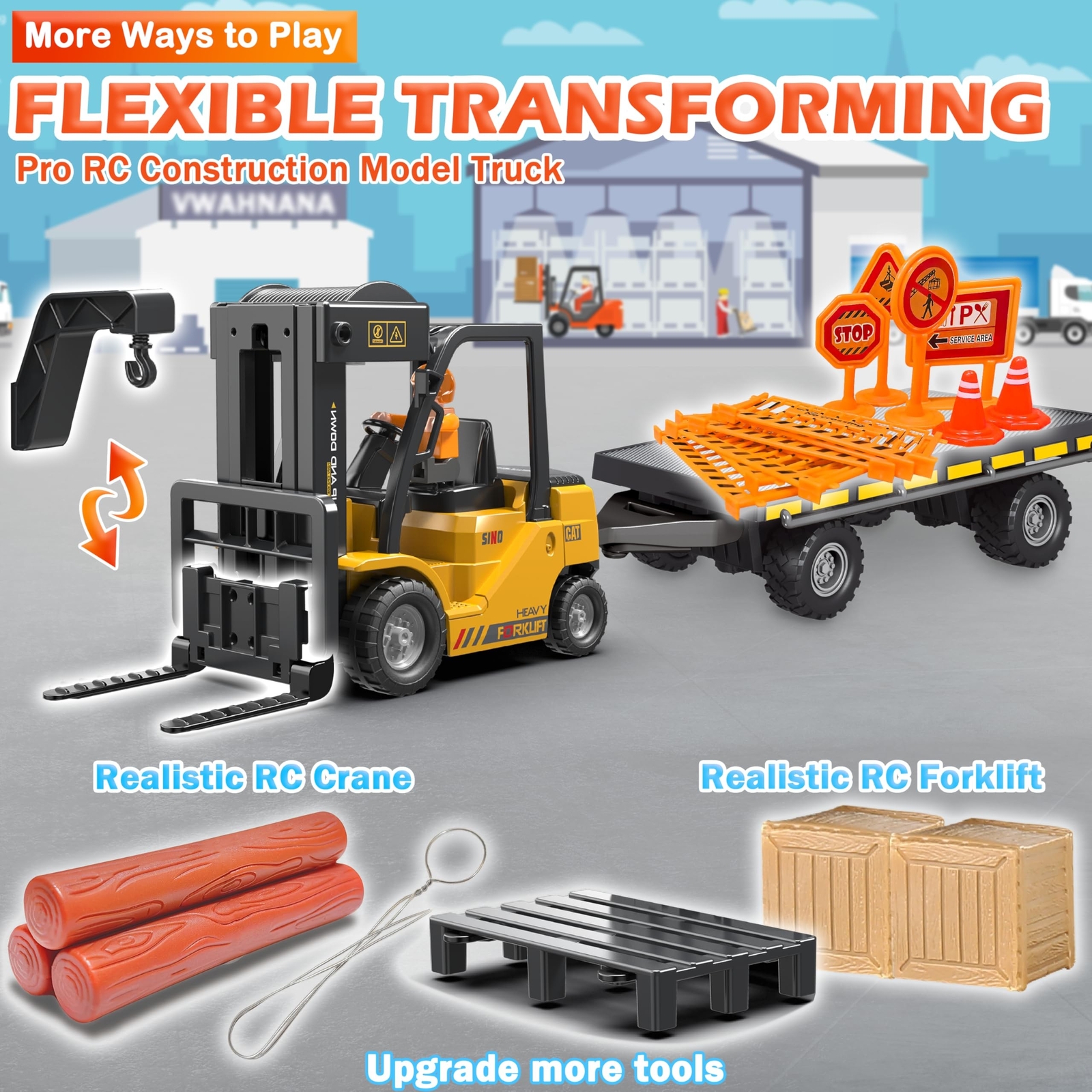 RC Forklift Toy with Trailer, Kids Forklift Construction Toys Set with Flatbe…