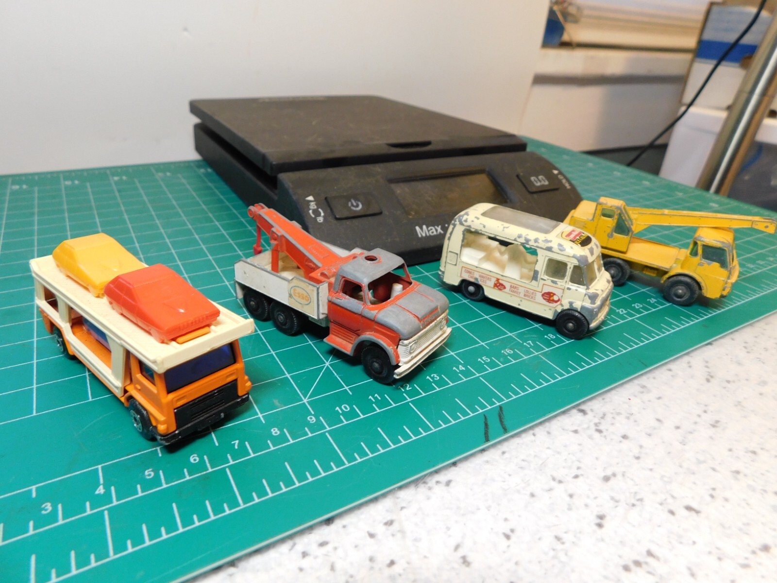 60’s Matchbox 4-Diecast Lot Tow Truck Car Transporter Ice Cream Truck & Crane