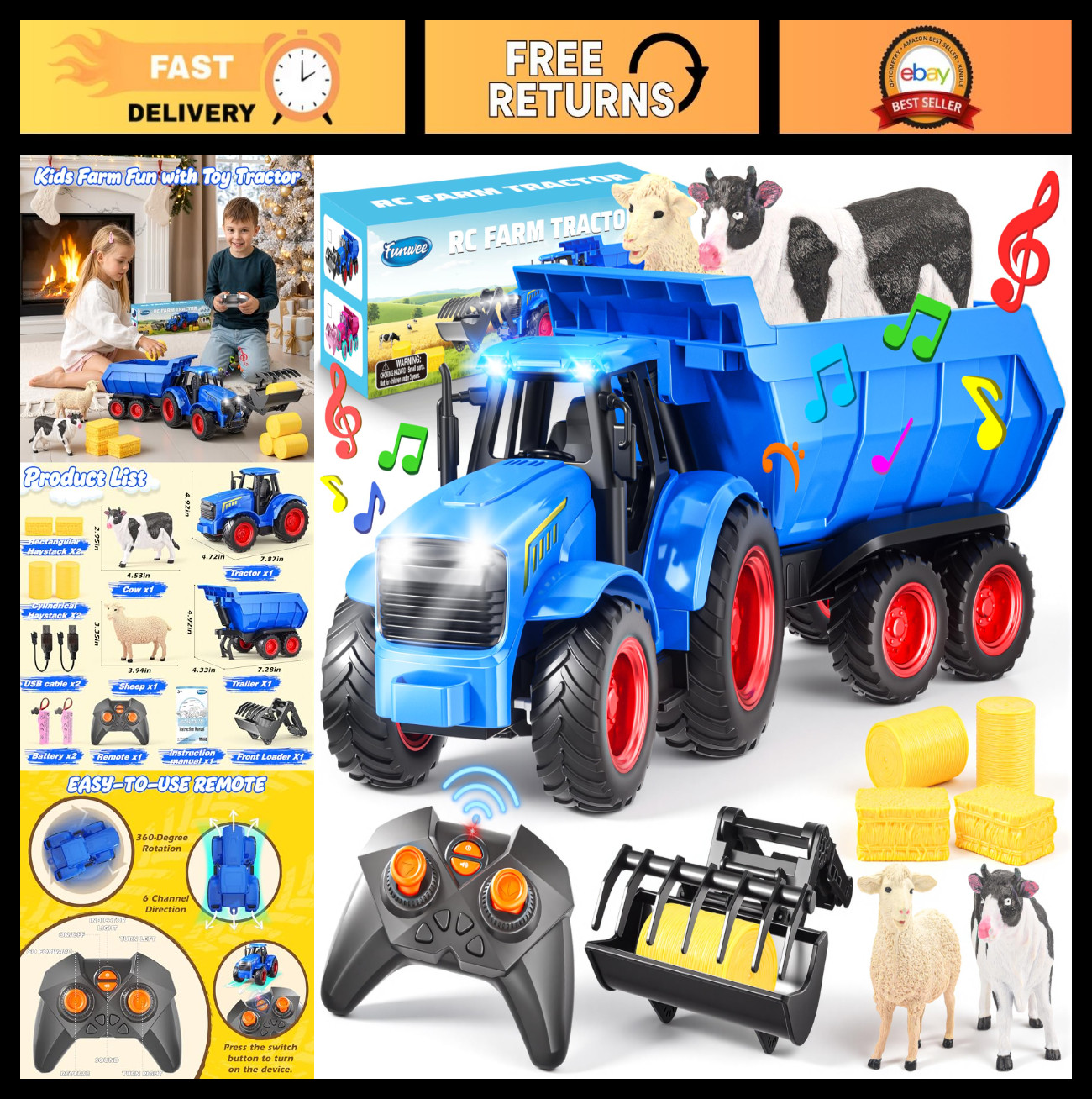 Remote Control Tractor Toy Set with Lights & Sounds, Farm Animal Trailer for Kid
