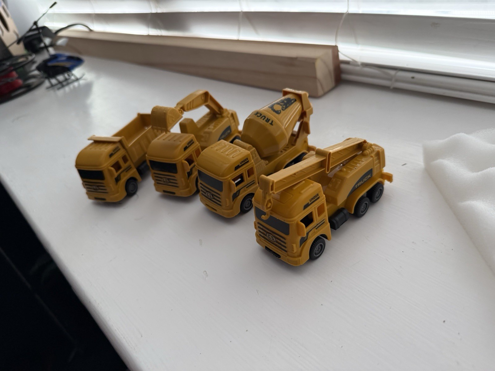 4pc Yellow/Black Plastic Toy Construction Vehicles Dump Excavator Mixer Crane